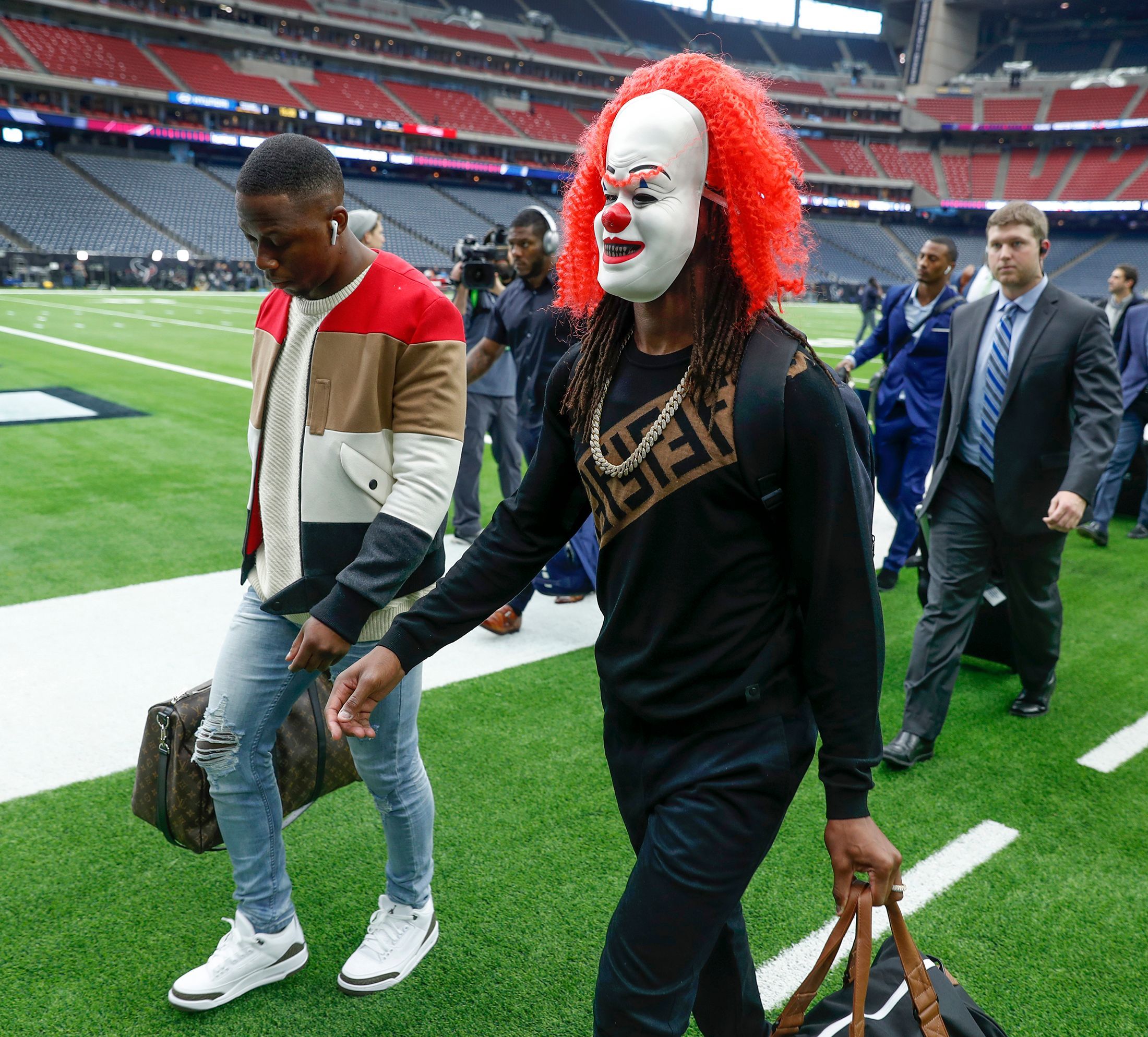 Indianapolis Colts wide receiver T.Y. Hilton (13) wears a clown mask as he and his teammates arrive for a AFC Wild Card playoff football game against the Houston Texans at NRG Stadium. Usp Nfl Afc Wild Card Indianapolis Colts At Houst S Fbn Hou Ind Usa Tx