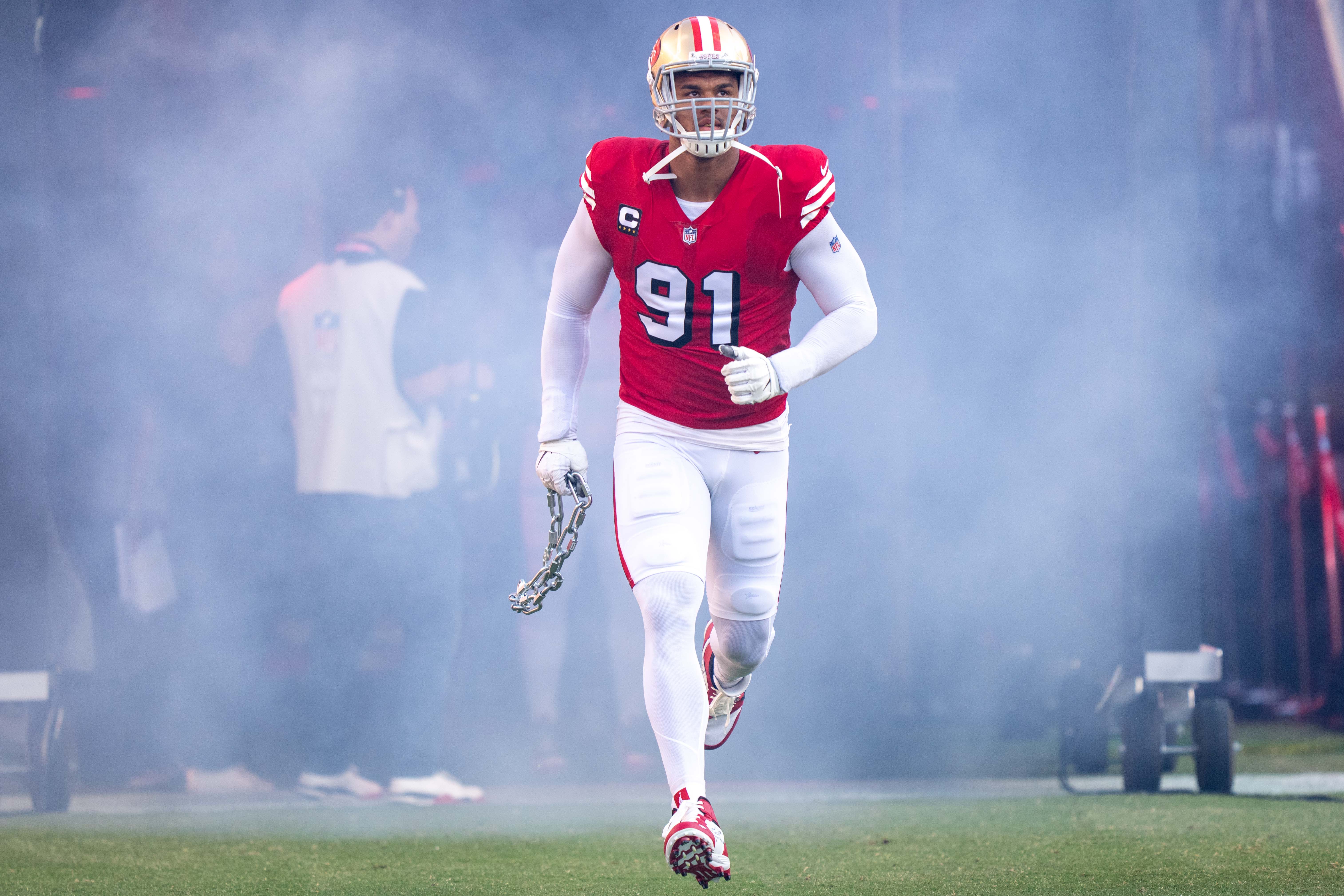 September 21, 2023; Santa Clara, California, USA; San Francisco 49ers defensive end Arik Armstead (91) before the game against the New York Giants at Levi's Stadium.