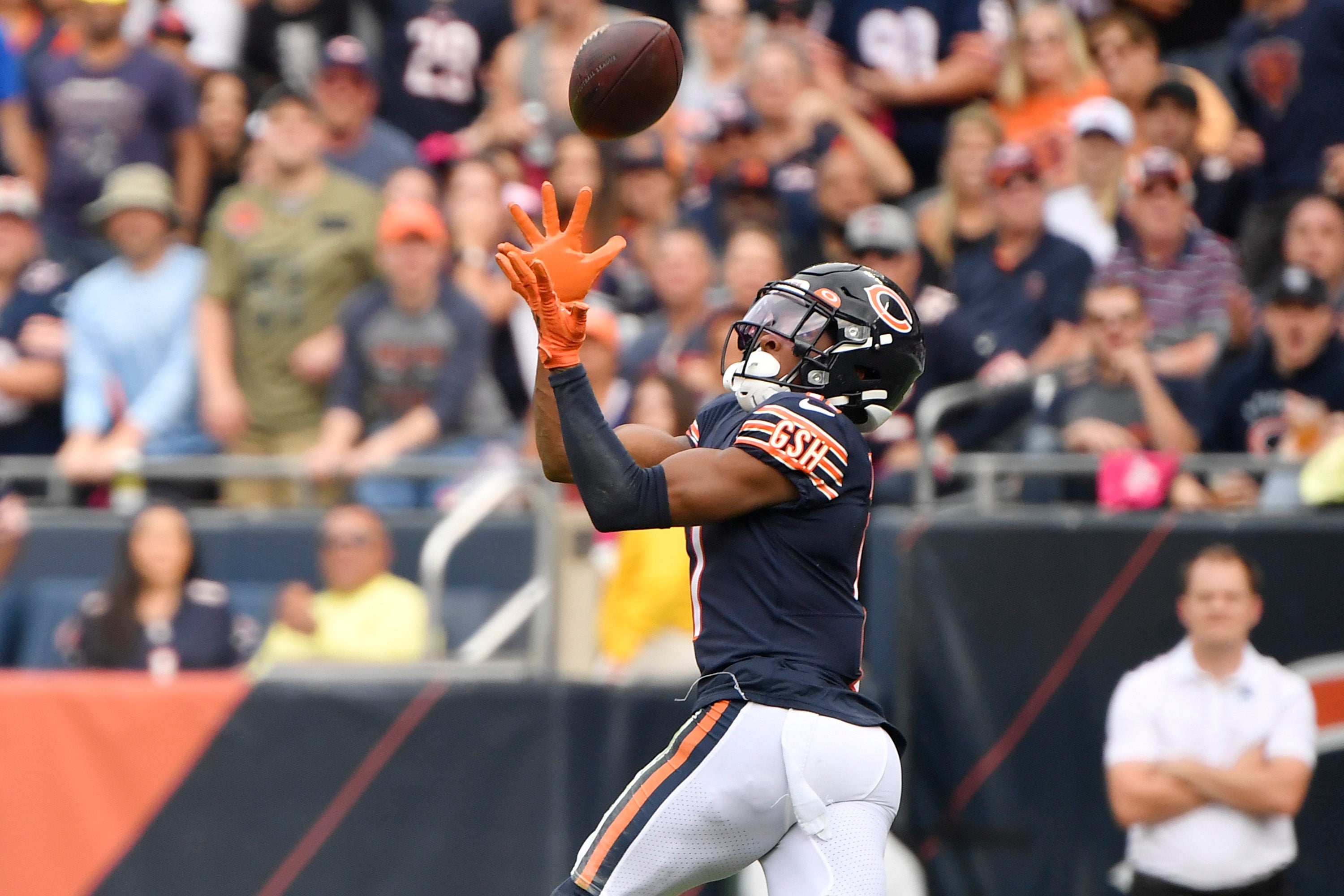 Oct 3, 2021; Chicago, Illinois, USA; Chicago Bears wide receiver Darnell Mooney (11) catches the ball in the first half against the Detroit Lions at Soldier Field.