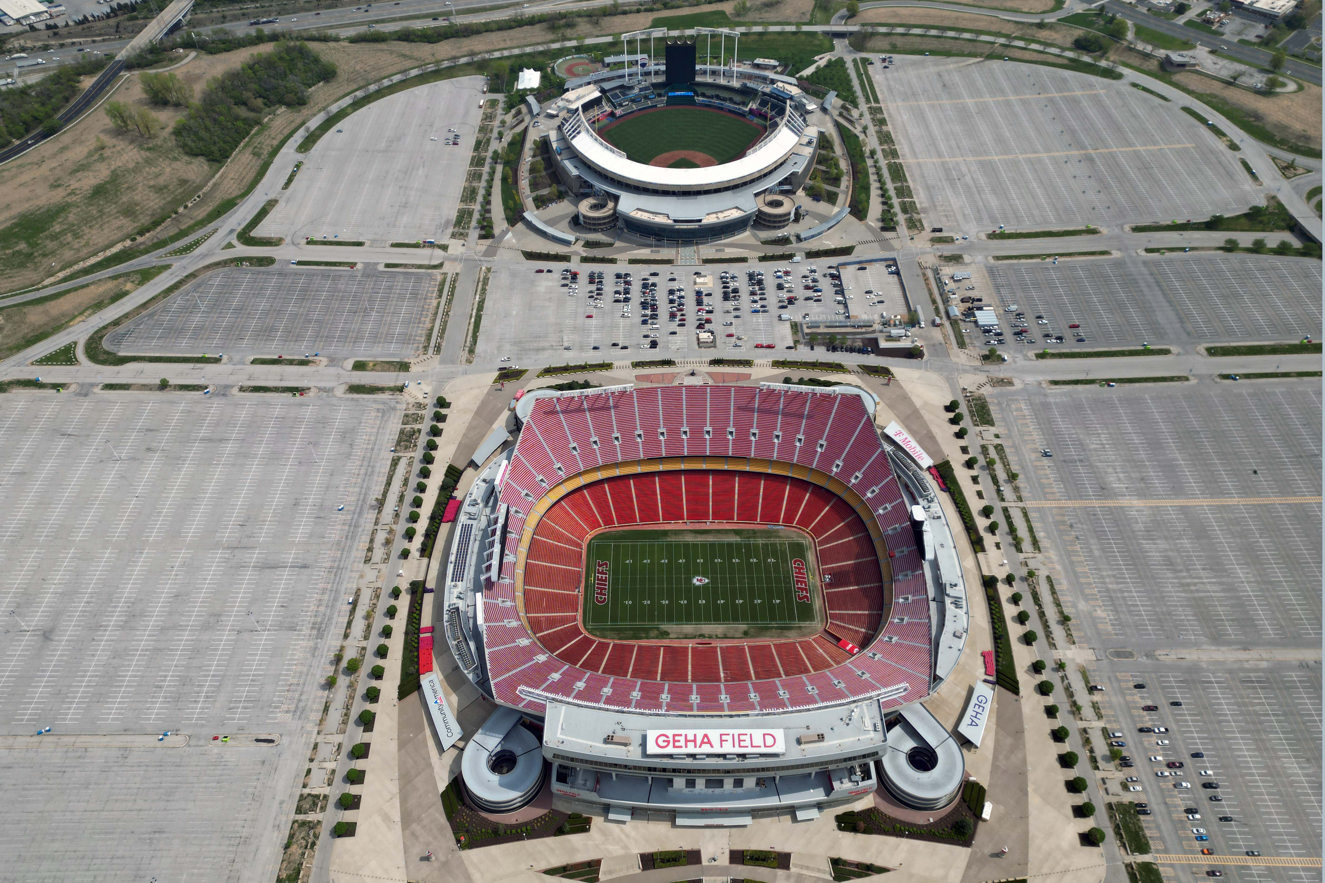 A general overall aerial view of Arrowhead Stadium (bottom) and Kauffman Stadium at the Truman Sports Complex.