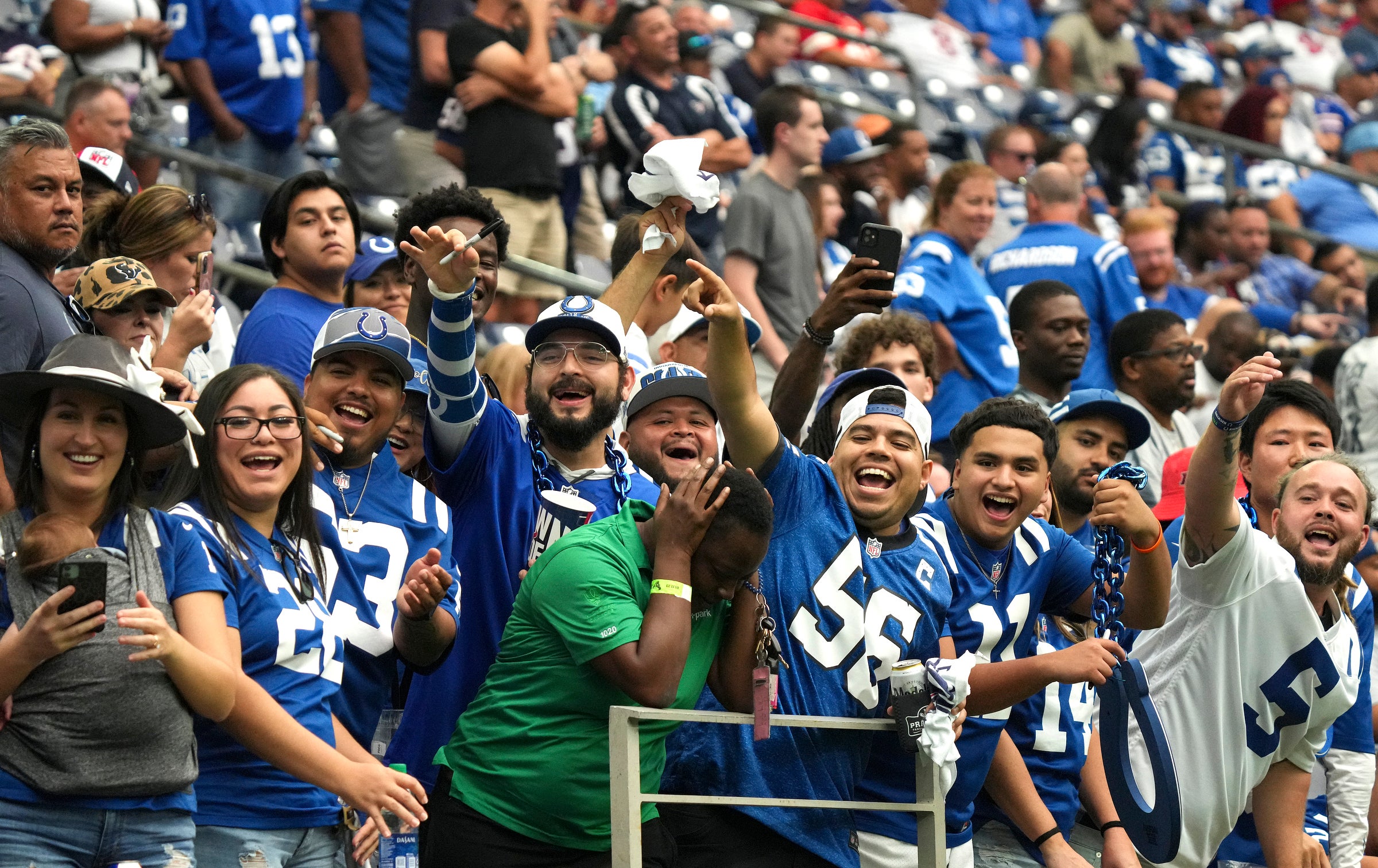 Sep 17, 2023; Houston, Texas, USA; Indianapolis Colts fans cheer late in the team's winning game against the Houston Texans at NRG Stadium.