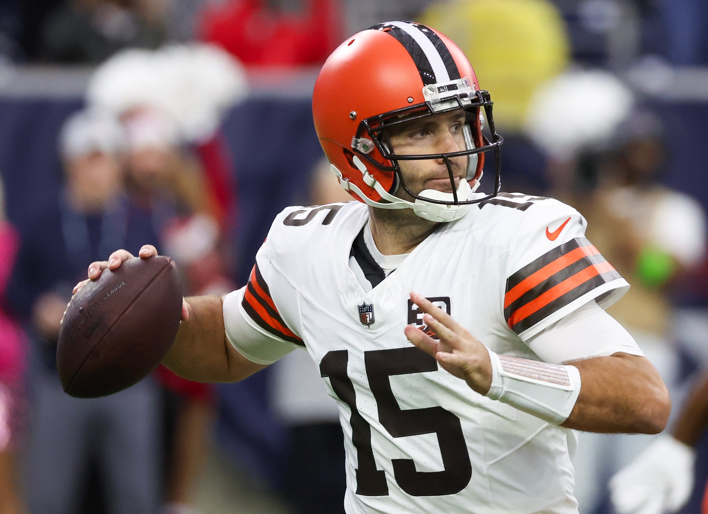 Dec 24, 2023; Houston, Texas, USA; Cleveland Browns quarterback Joe Flacco (15) drops back to pass against the Houston Texans in the first quarter at NRG Stadium. Mandatory Credit: Thomas Shea-USA TODAY Sports