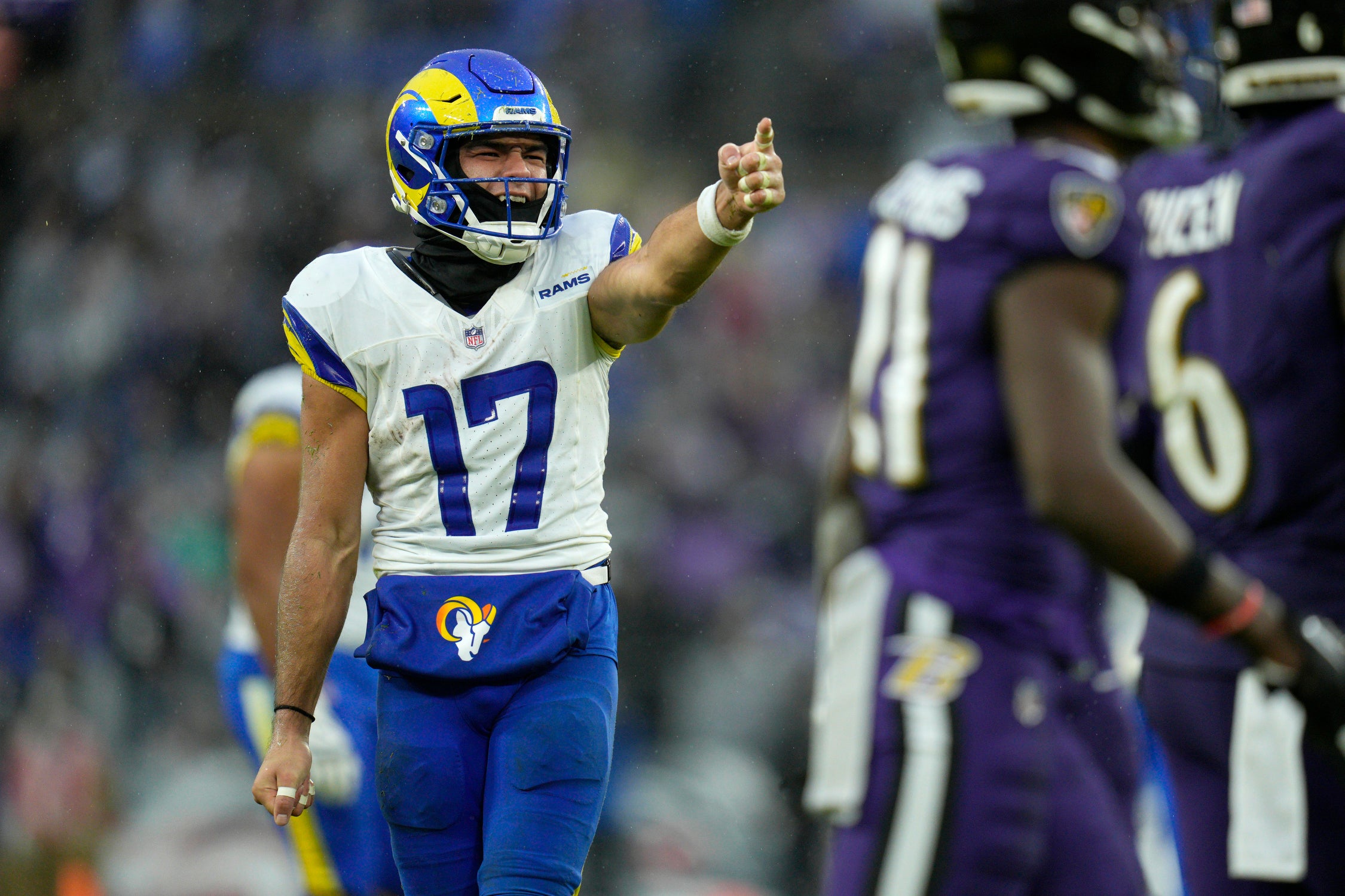 Dec 10, 2023; Baltimore, Maryland, USA; Los Angeles Rams wide receiver Puka Nacua (17) celebrates his catch against the Baltimore Ravens during the fourth quarter at M&T Bank Stadium. Mandatory Credit: Jessica Rapfogel-USA TODAY Sports