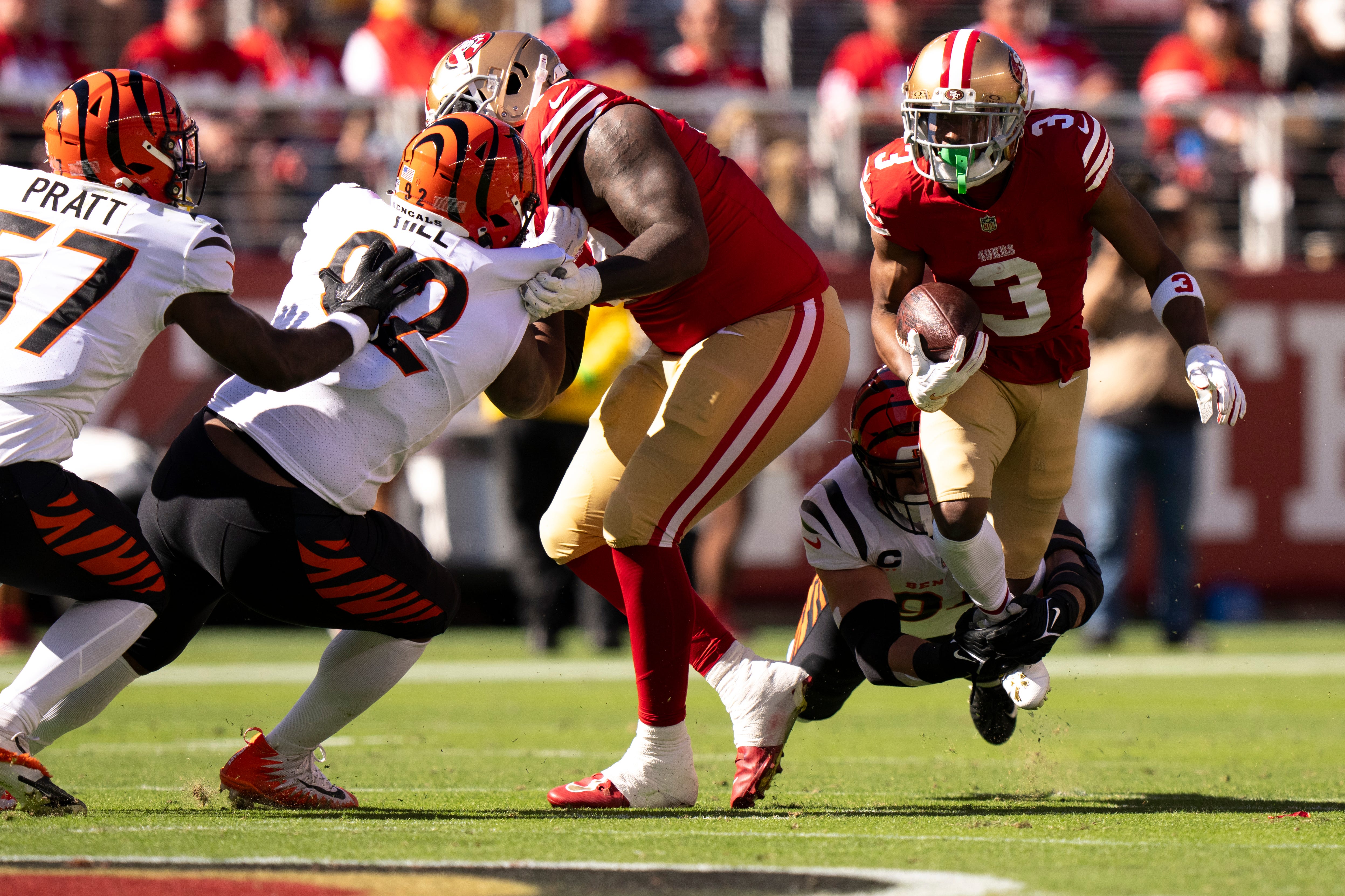 Cincinnati Bengals defensive end Sam Hubbard (94) tackles San Francisco 49ers wide receiver Ray-Ray McCloud III (3) in the first quarter of the NFL game between the Cincinnati Bengals and the San Francisco 49ers at Levi Stadium in Santa Clara, Calif., on Sunday, Oct 29, 2023.