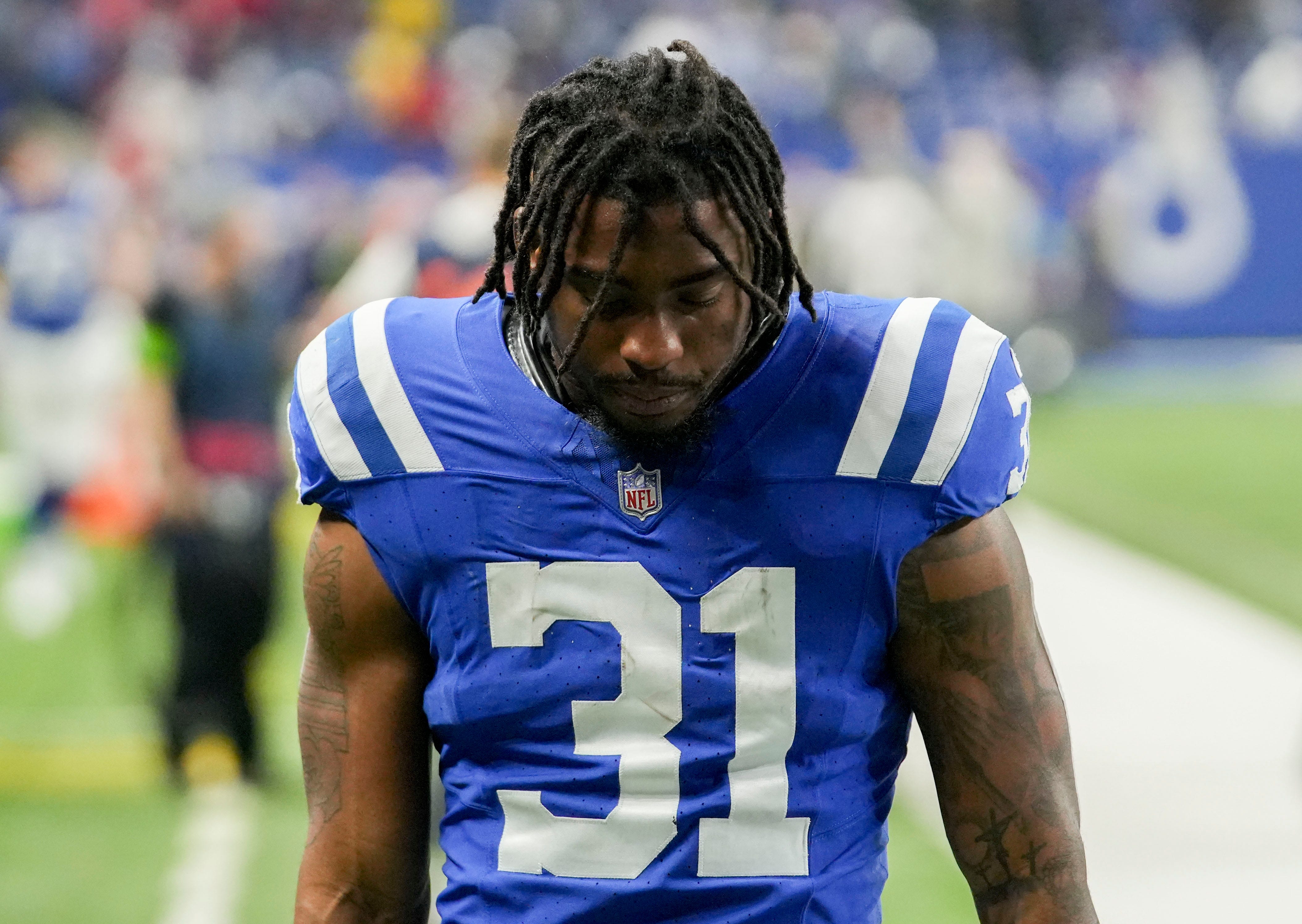 Indianapolis Colts running back Tyler Goodson (31) leaves the field Saturday, Jan. 6, 2024, after losing a game against the Houston Texans 23-19 at Lucas Oil Stadium in Indianapolis.