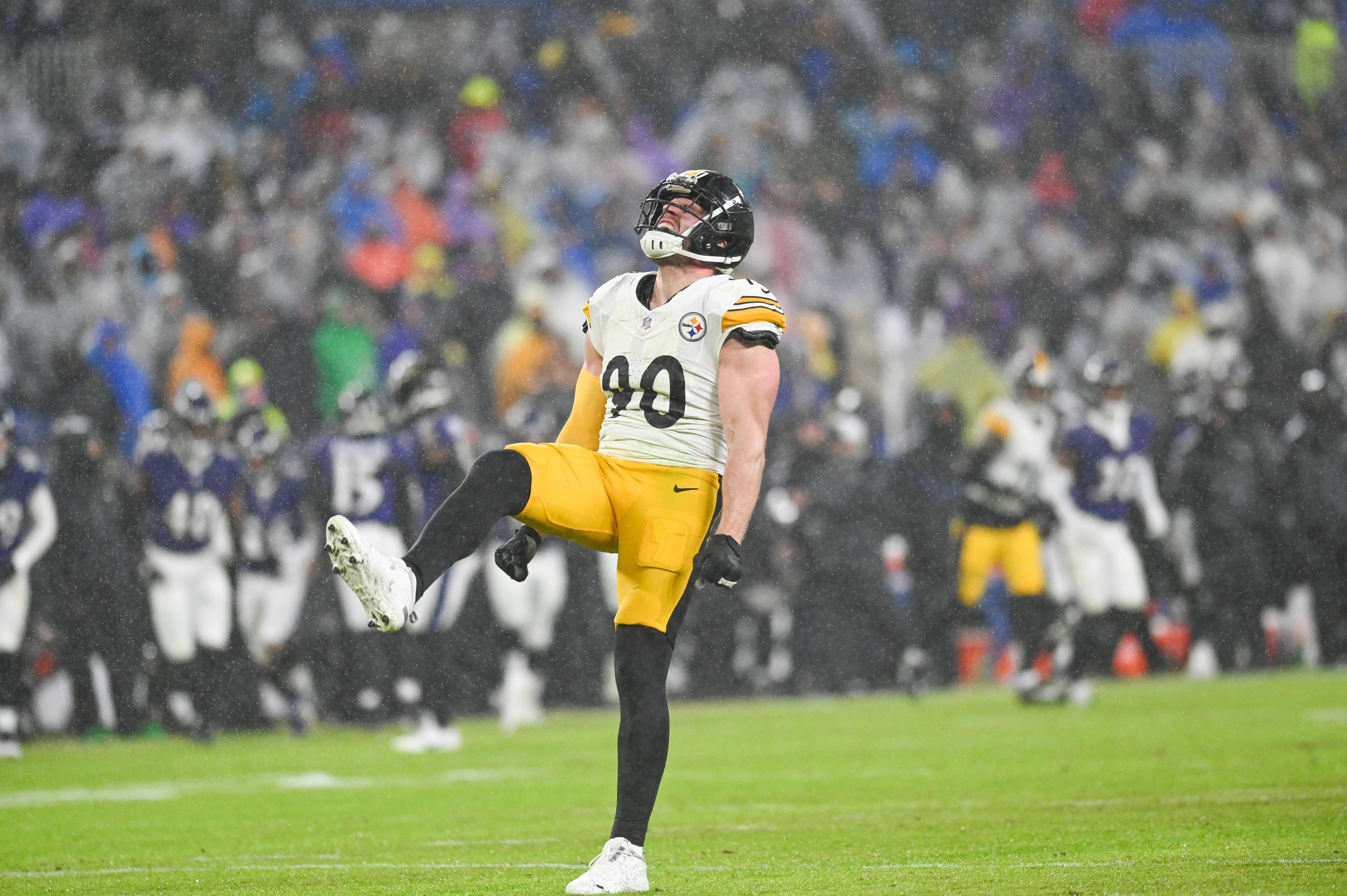 Jan 6, 2024; Baltimore, Maryland, USA; Pittsburgh Steelers linebacker T.J. Watt (90) reacts after sacking Baltimore Ravens quarterback Tyler Huntley (2) in the third quarter at M&T Bank Stadium. Mandatory Credit: Tommy Gilligan-USA TODAY Sports  
