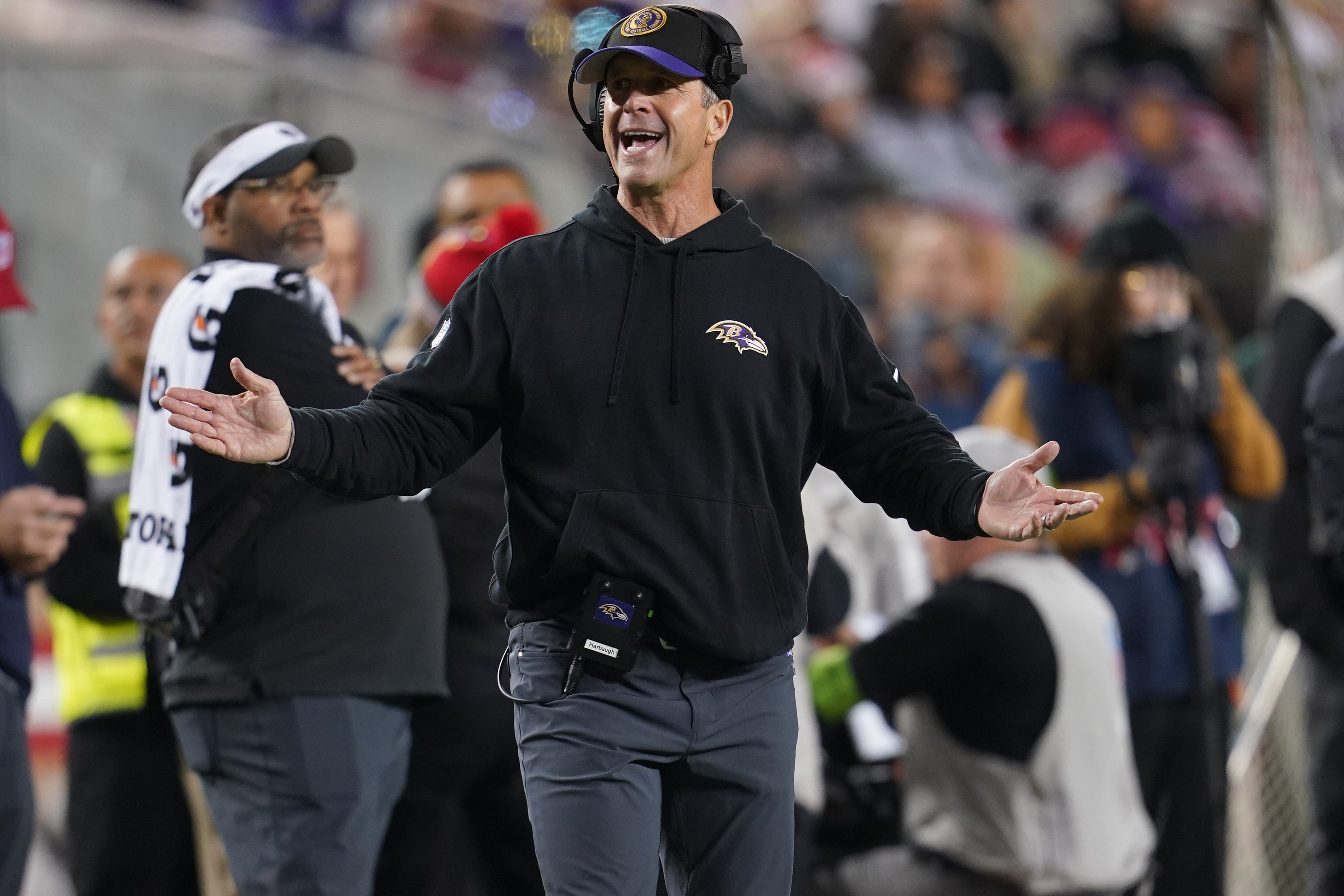 Baltimore Ravens head coach John Harbaugh reacts to a play against the San Francisco 49ers in the fourth quarter at Levi's Stadium.