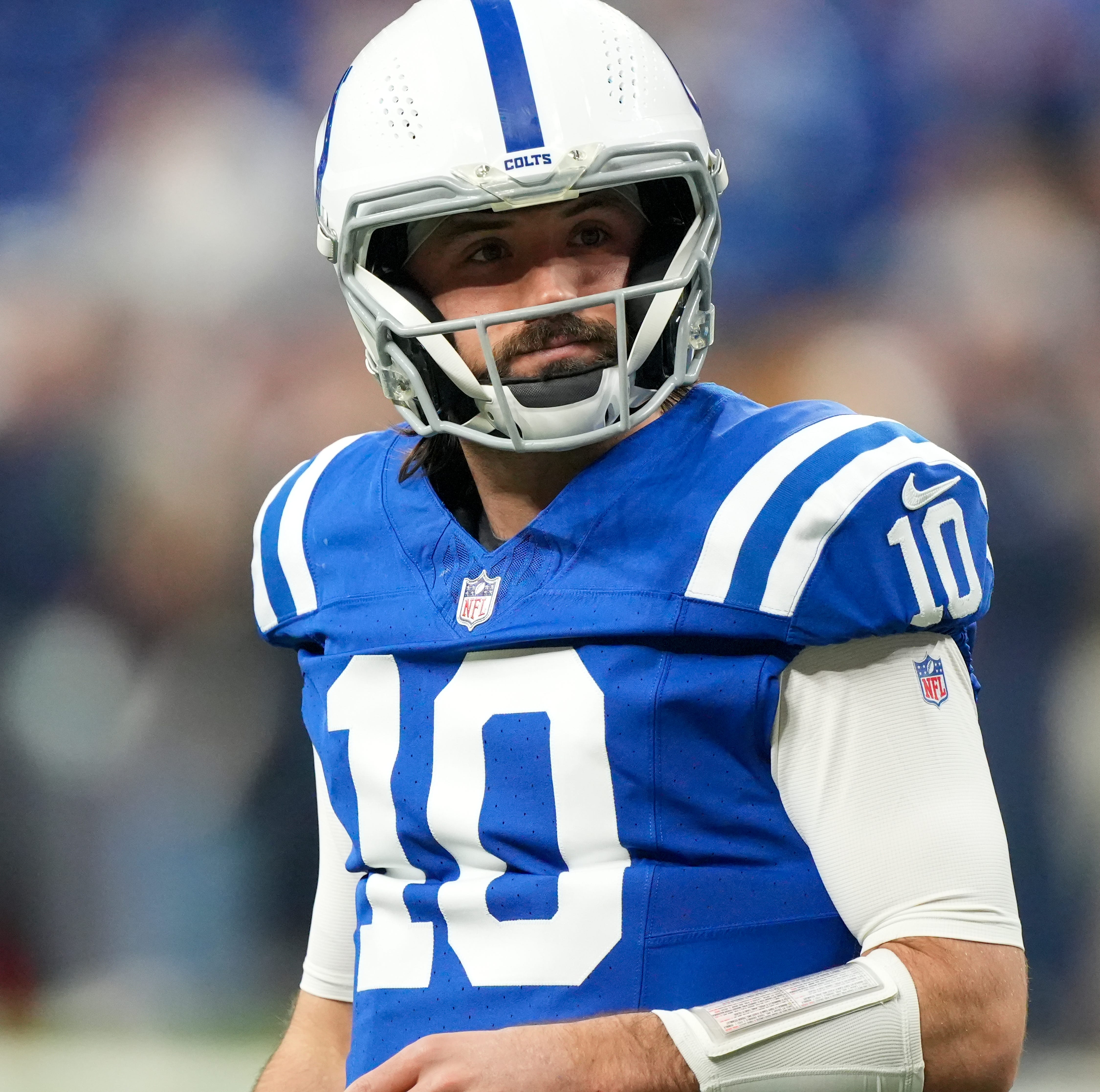 Indianapolis Colts quarterback Gardner Minshew II (10) Saturday, Jan. 6, 2024, before a game against the Houston Texans at Lucas Oil Stadium in Indianapolis.