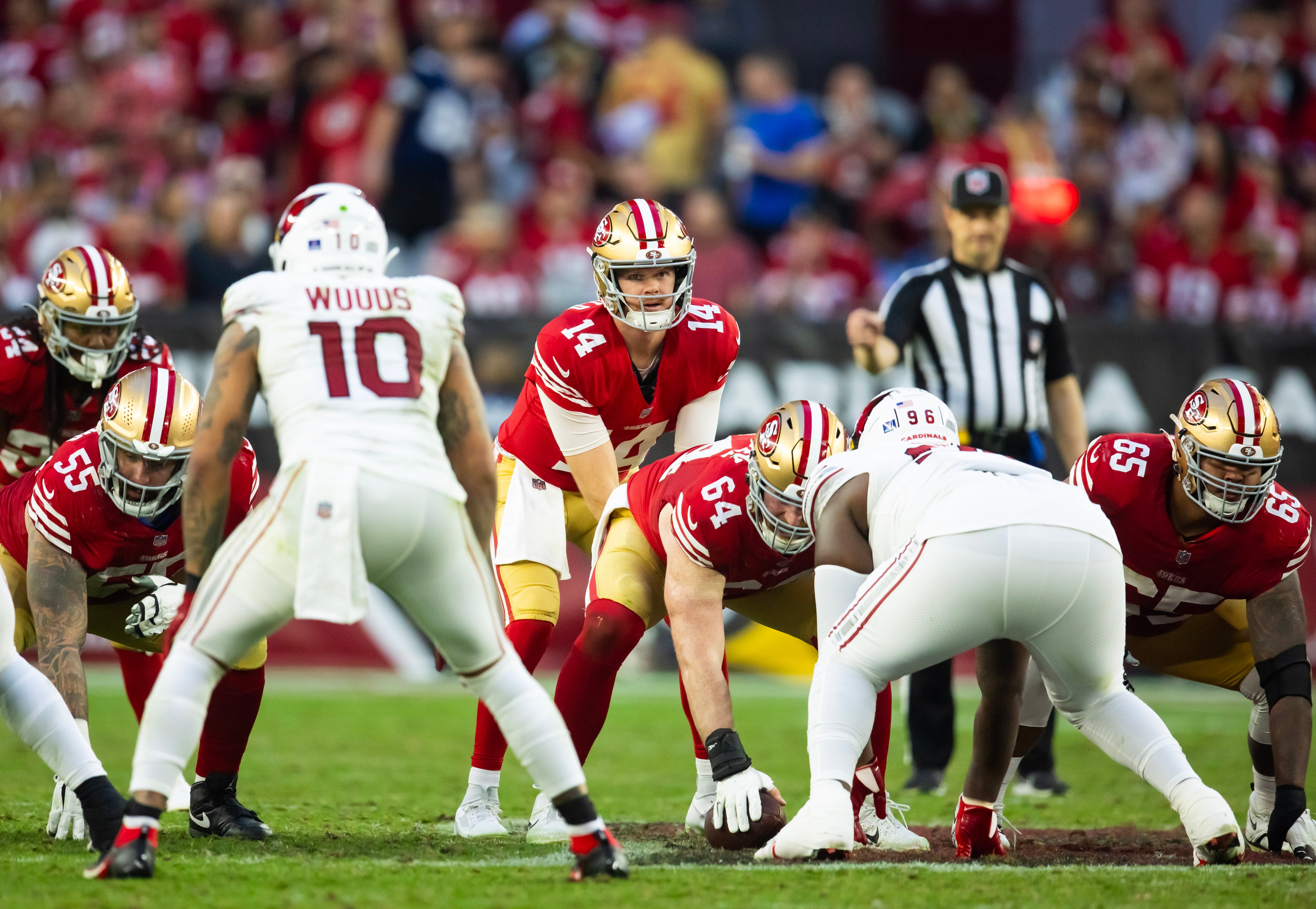 Dec 17, 2023; Glendale, Arizona, USA; San Francisco 49ers quarterback Sam Darnold (14) against the Arizona Cardinals at State Farm Stadium.