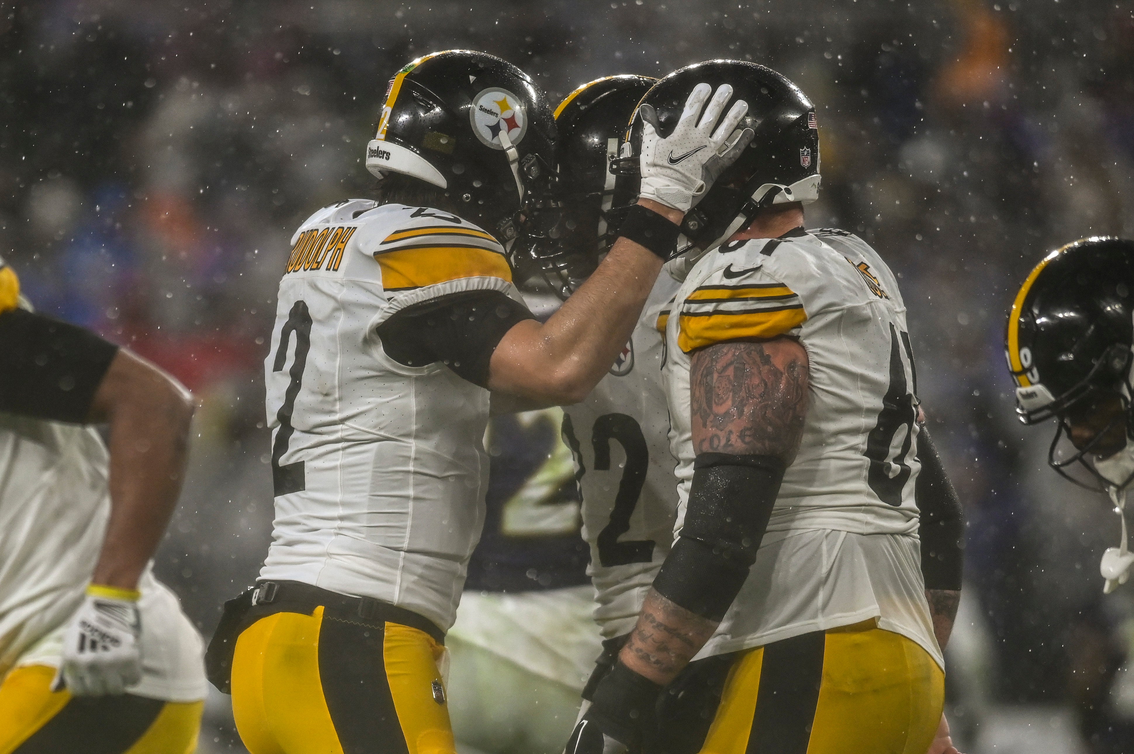 Jan 6, 2024; Baltimore, Maryland, USA; Pittsburgh Steelers quarterback Mason Rudolph (2) celebrates with running back Najee Harris (22) after a first quarter touchdown against the Baltimore Ravens at M&T Bank Stadium. Mandatory Credit: Tommy Gilligan-USA TODAY Sports