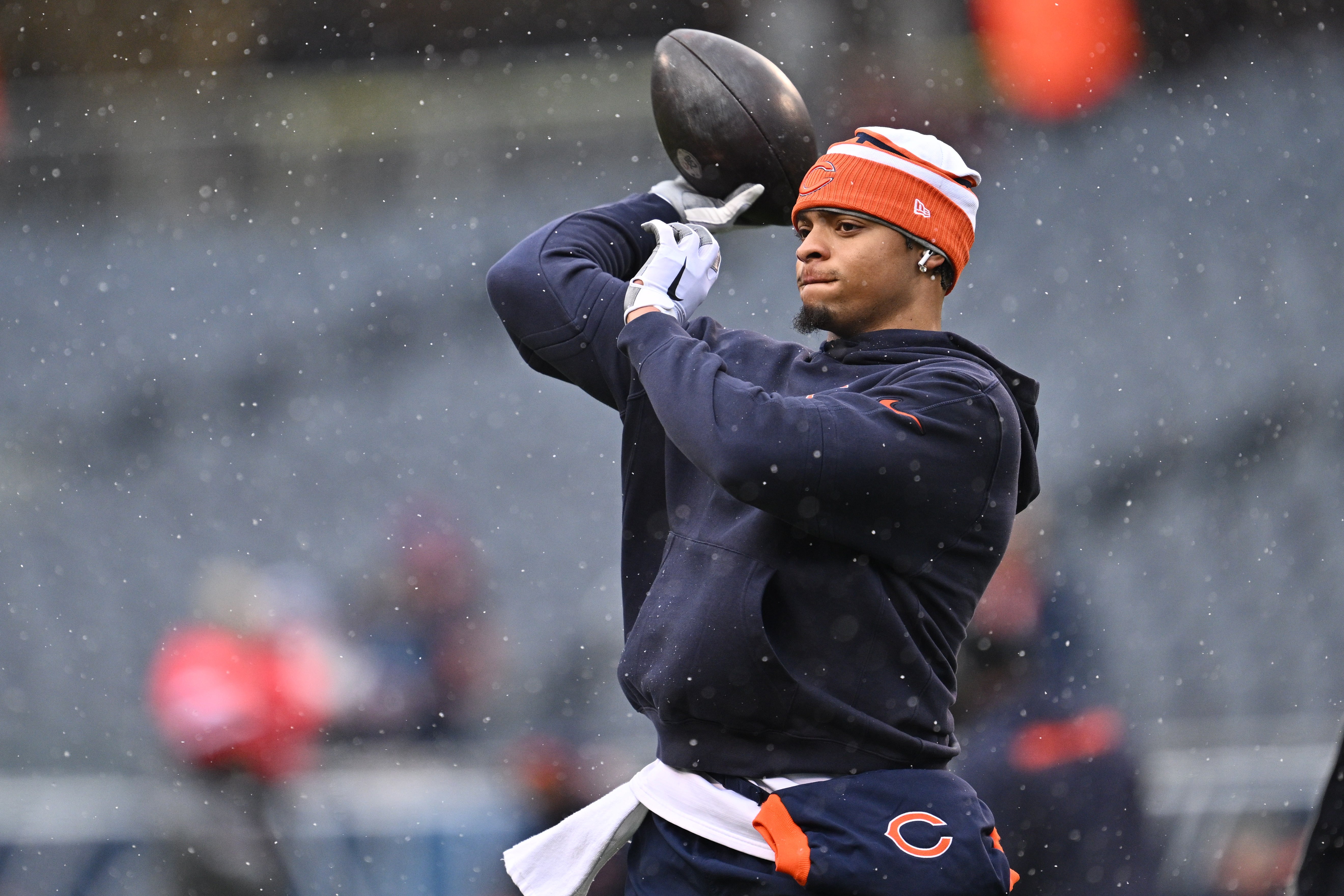 Dec 31, 2023; Chicago, Illinois, USA; Chicago Bears quarterback Justin Fields (1) warms up before a game against the Atlanta Falcons at Soldier Field.