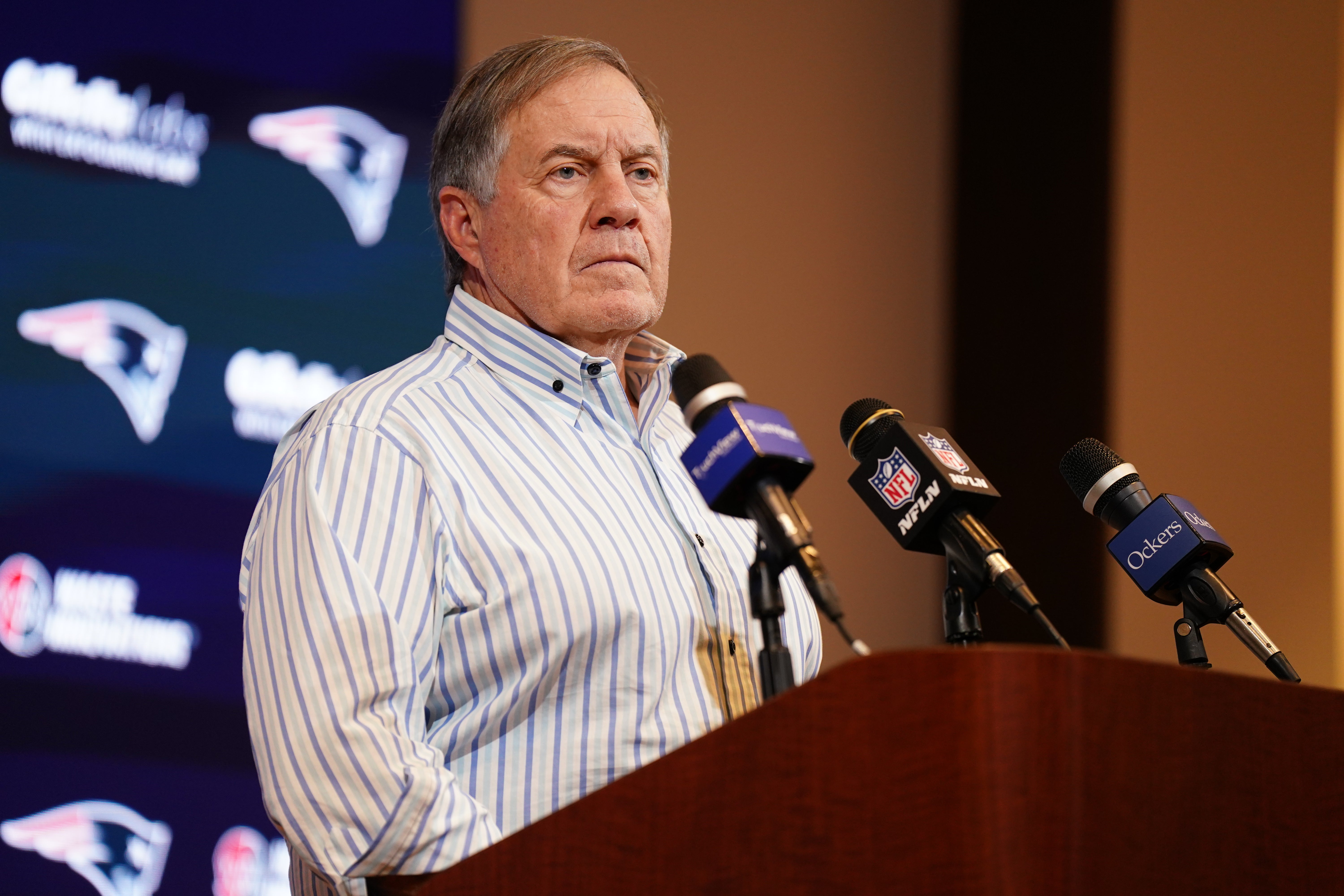 New England Patriots head coach Bill Belichick talks to reporters after the game against the New York Jets at Gillette Stadium