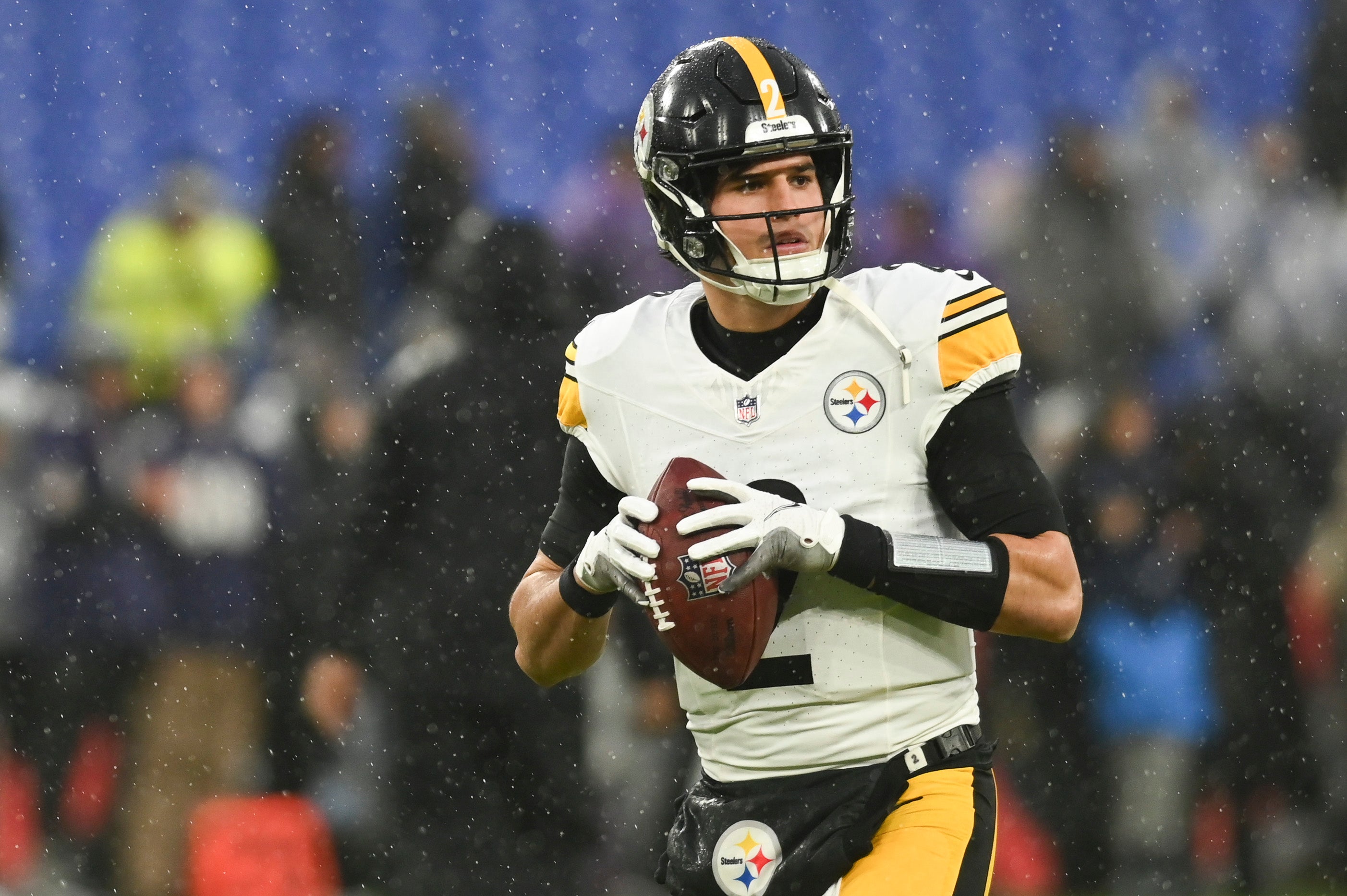 Jan 6, 2024; Baltimore, Maryland, USA; Pittsburgh Steelers quarterback Mason Rudolph (2) looks to throw before the game against the Baltimore Ravens at M&T Bank Stadium. Mandatory Credit: Tommy Gilligan-USA TODAY Sports