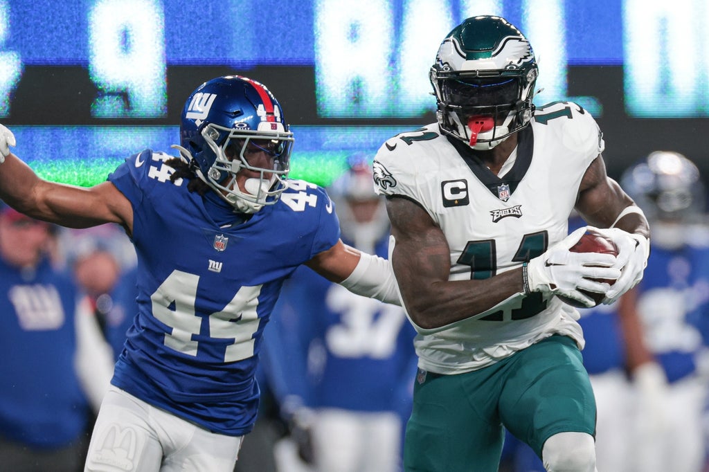 Philadelphia Eagles wide receiver A.J. Brown (11) catches the ball as New York Giants cornerback Nick McCloud (44) pursues during the first quarter at MetLife Stadium.