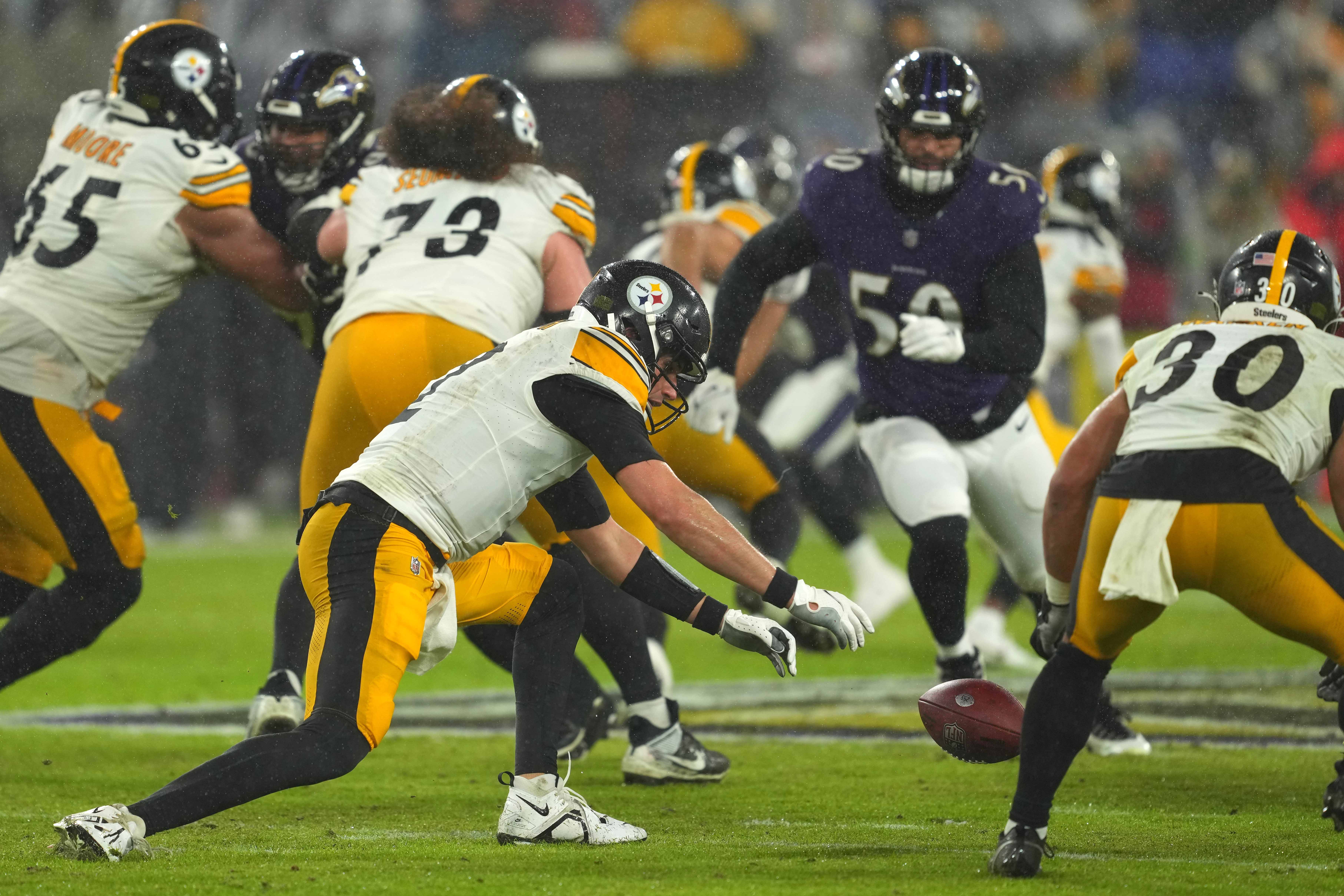 Pittsburgh Steelers quarterback Mason Rudolph (2) recovers his own fumble during the third quarter against the Baltimore Ravens at M&T Bank Stadium.
