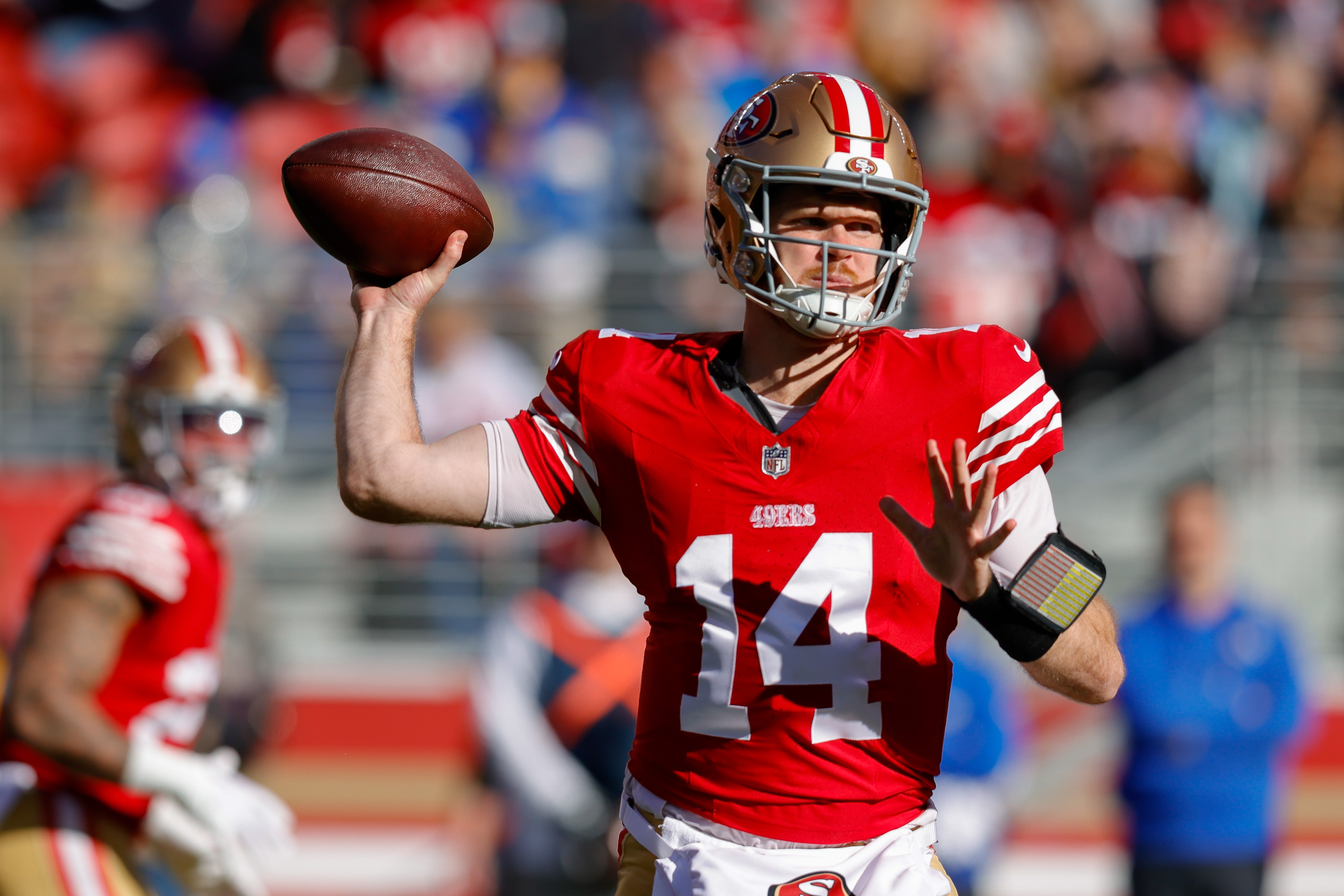 Jan 7, 2024; Santa Clara, California, USA; San Francisco 49ers quarterback Sam Darnold (14) throws a pass during the first quarter against the Los Angeles Rams at Levi's Stadium.
