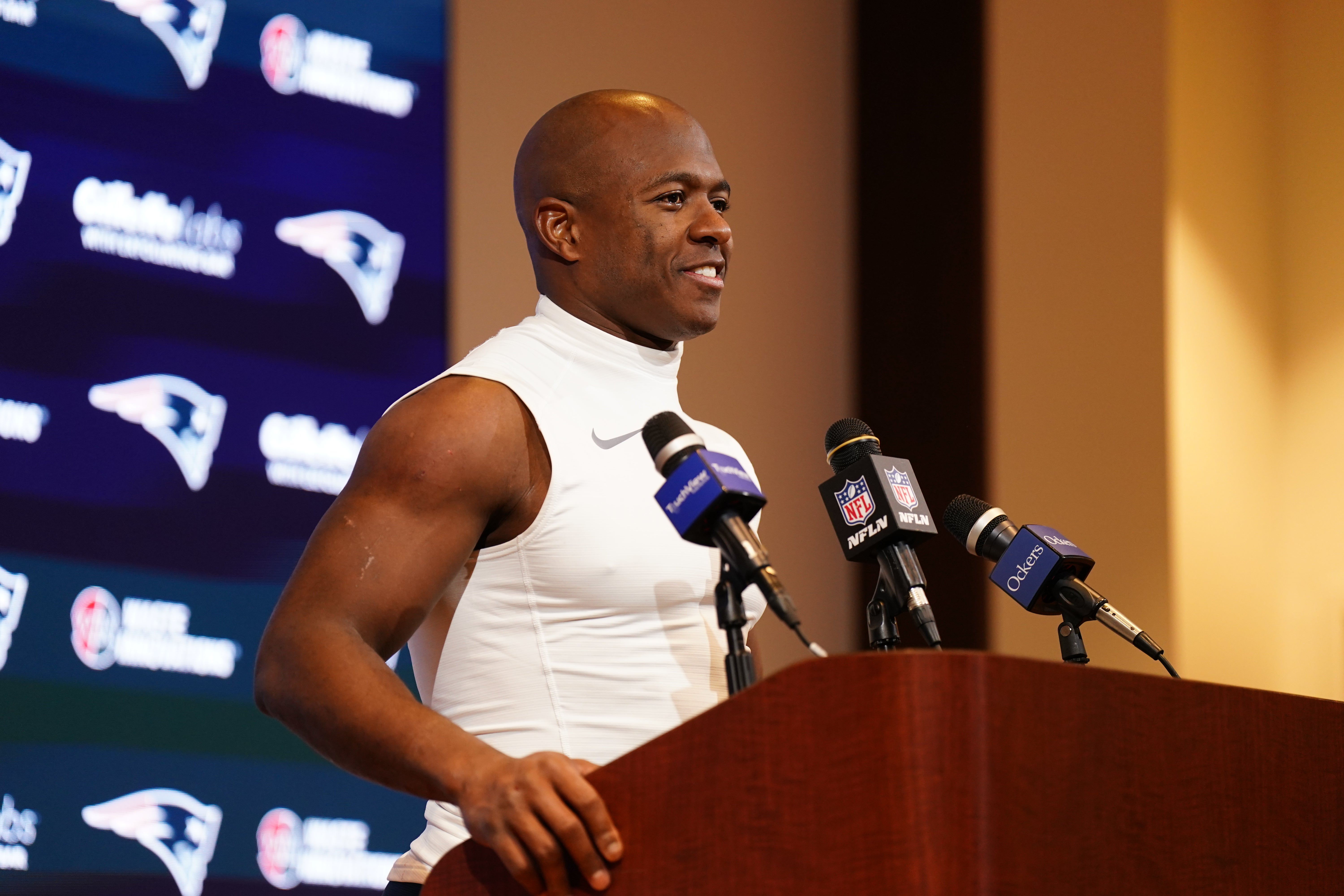 New England Patriots wide receiver Matthew Slater talks to the media after the game against the New York Jets in the second half at Gillette Stadium