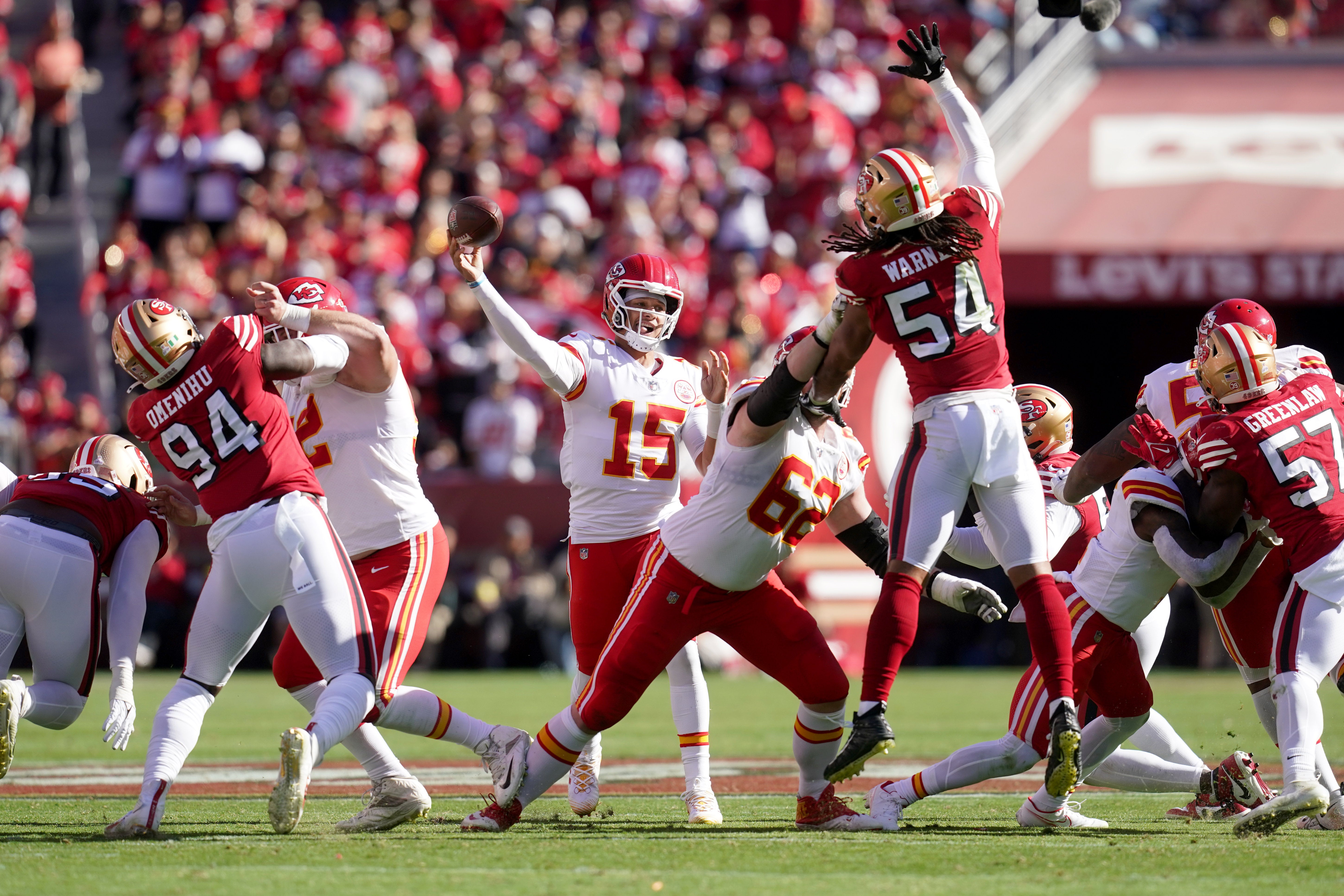 Oct 23, 2022; Santa Clara, California, USA; Kansas City Chiefs quarterback Patrick Mahomes (15) throws a pass against the San Francisco 49ers in the second quarter at Levi's Stadium.