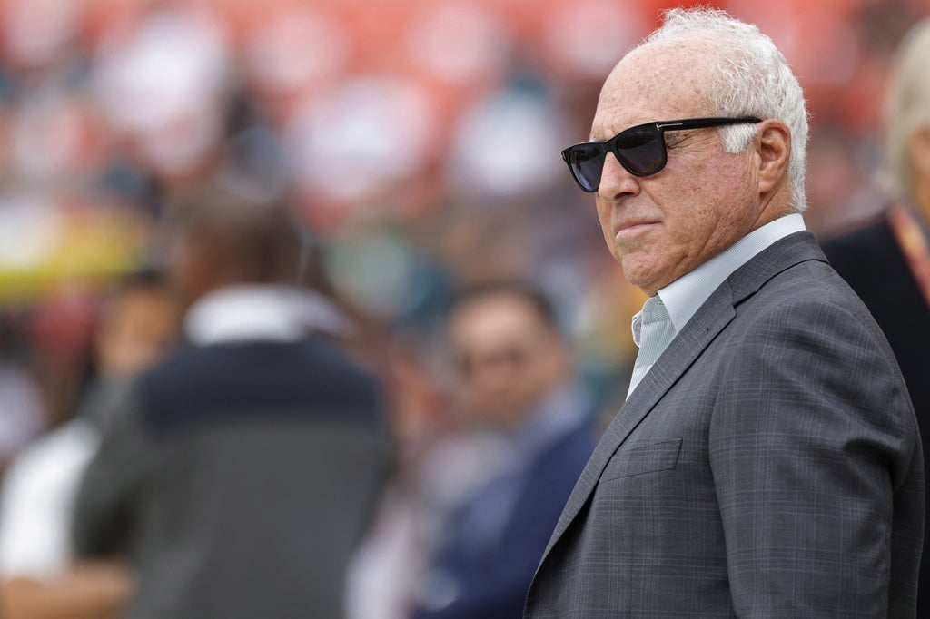 Philadelphia Eagles chairman and CEO Jeffrey Lurie stands on the sideline prior to the Eagles' game against the Washington Commanders at FedExField.
