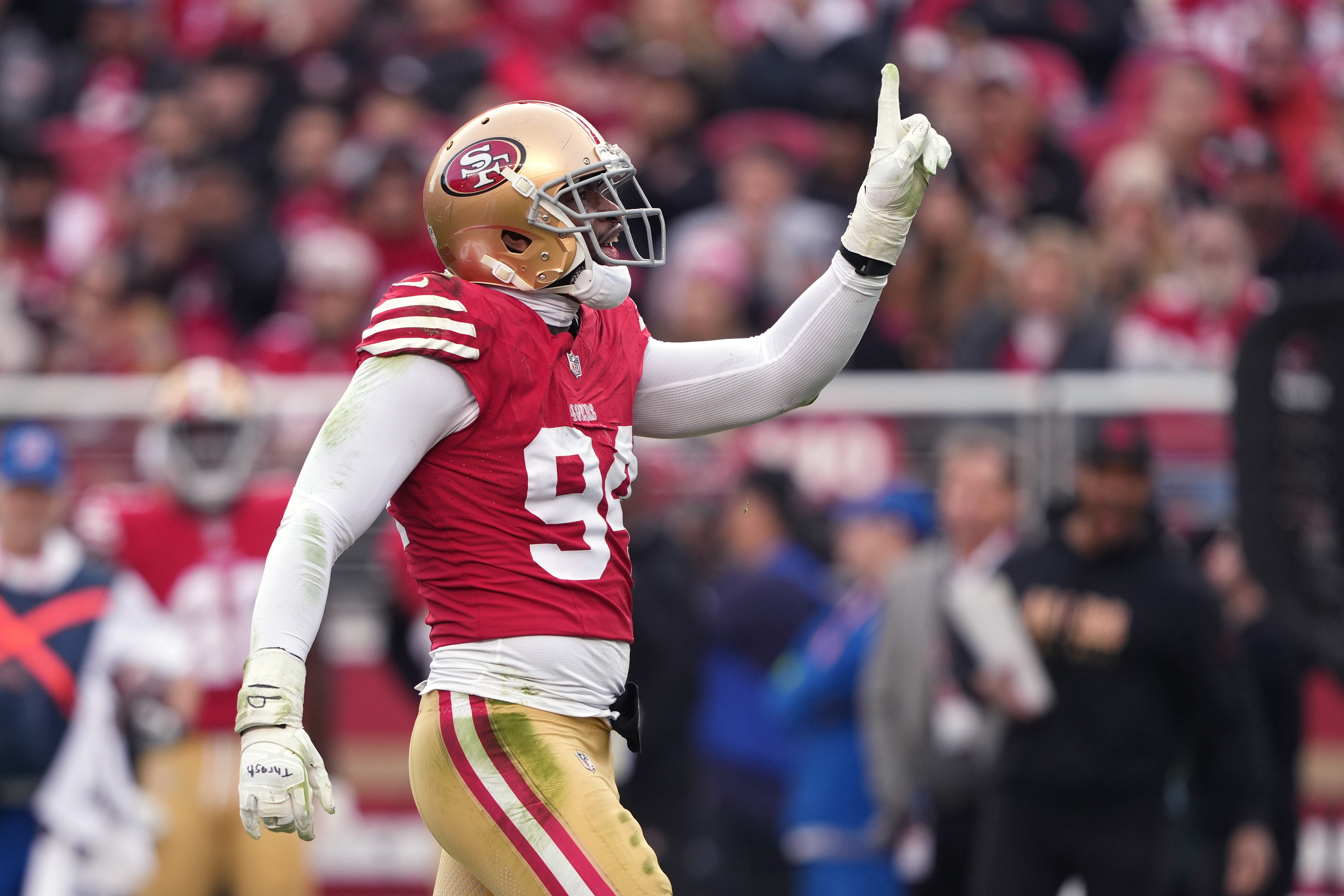 Dec 10, 2023; Santa Clara, California, USA; San Francisco 49ers defensive end Clelin Ferrell (94) gestures after a tackle against the Seattle Seahawks during the third quarter at Levi's Stadium.