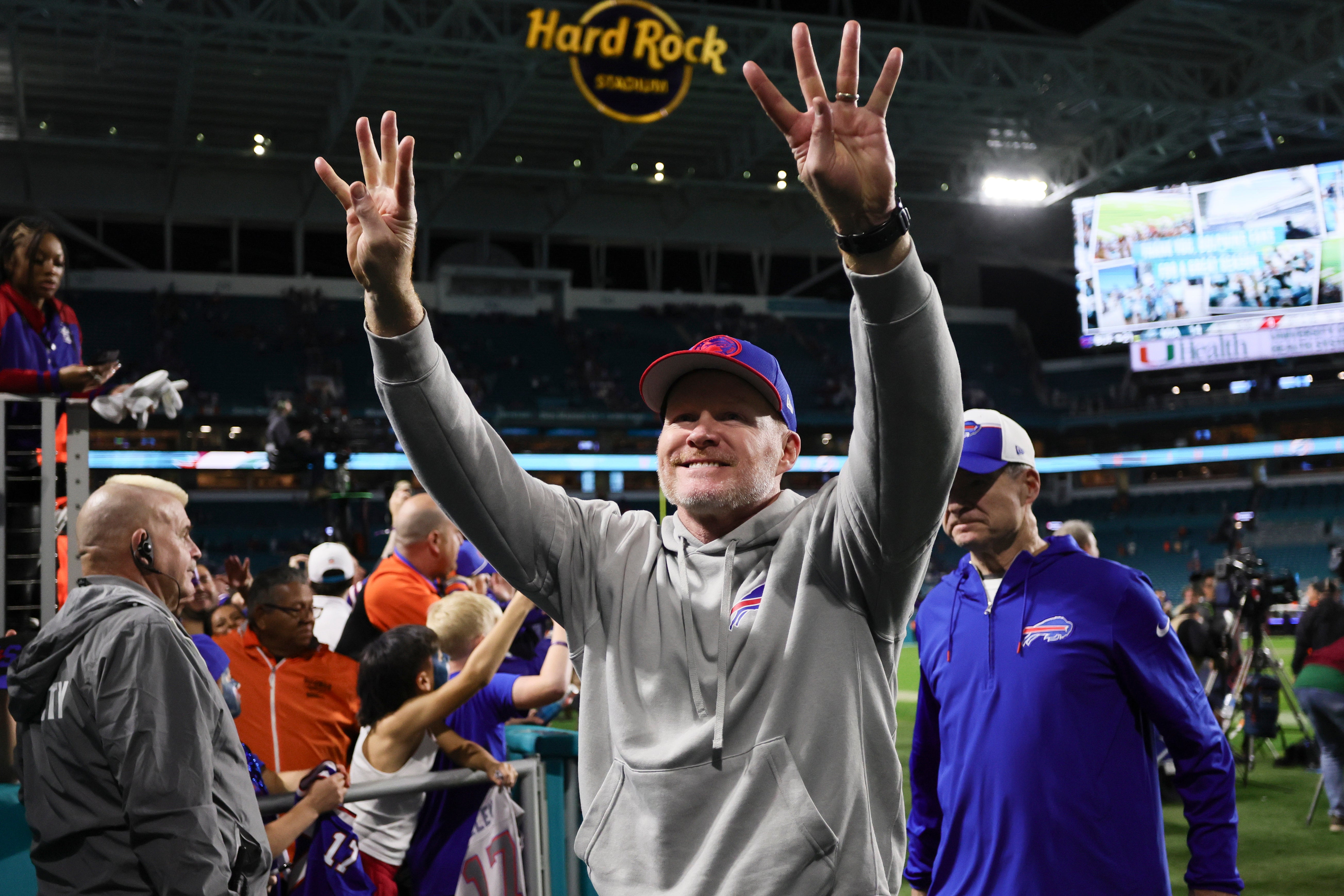 Buffalo Bills head coach Sean McDermott celebrates after the game against the Miami Dolphins at Hard Rock Stadium.