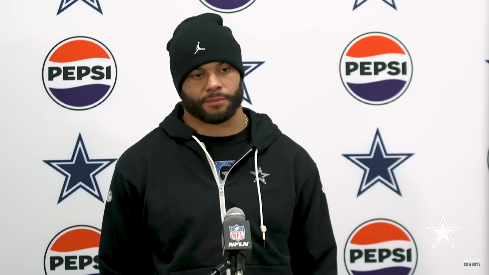 Dallas Cowboys quarterback Dak Prescott talks to reporters after a Week 18 win versus the Washington Commanders.