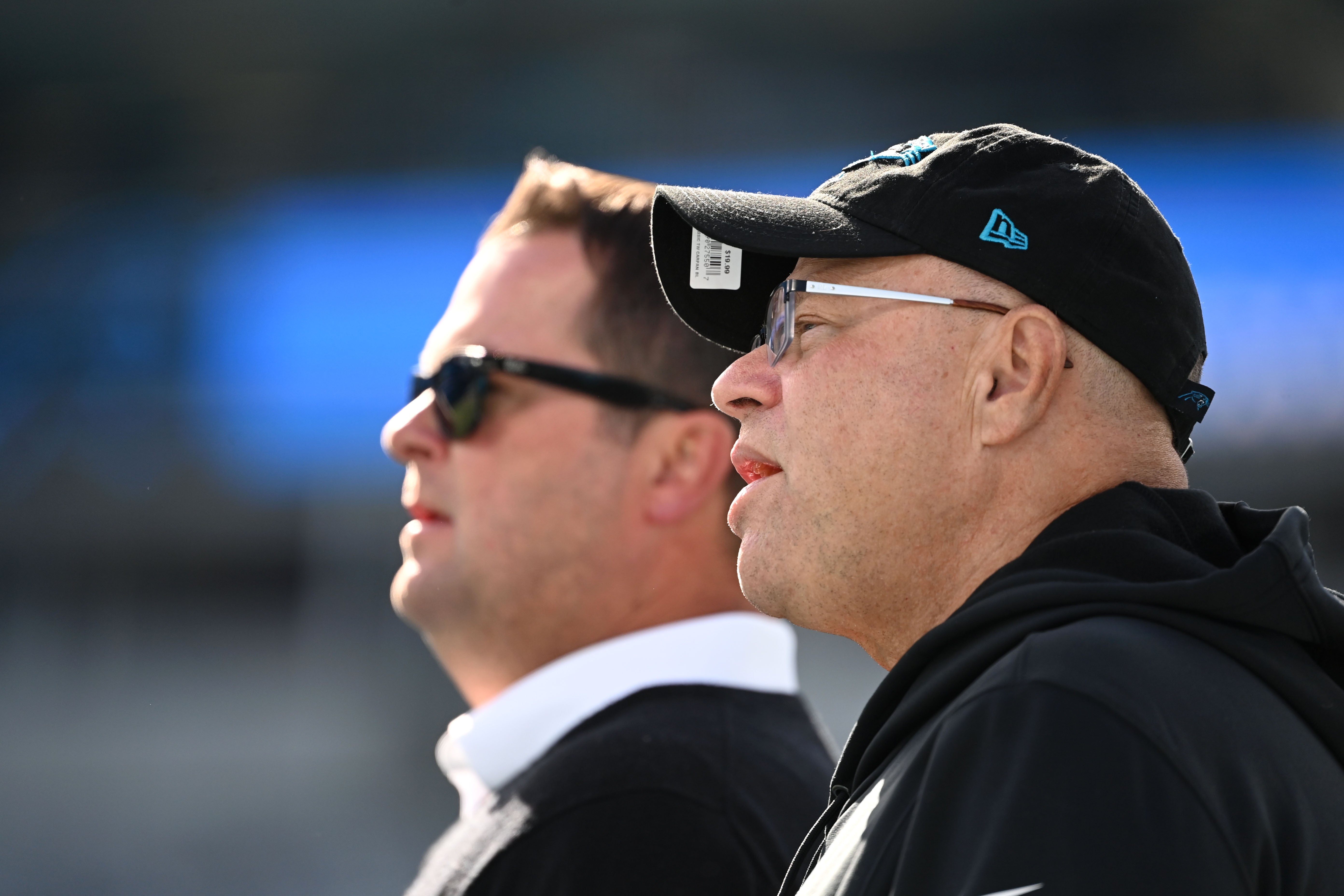 Nov 7, 2021; Charlotte, North Carolina, USA; Carolina Panthers owner David Tepper with general manager Scott Fitterer before the game at Bank of America Stadium. Mandatory Credit: Bob Donnan-USA TODAY Sports