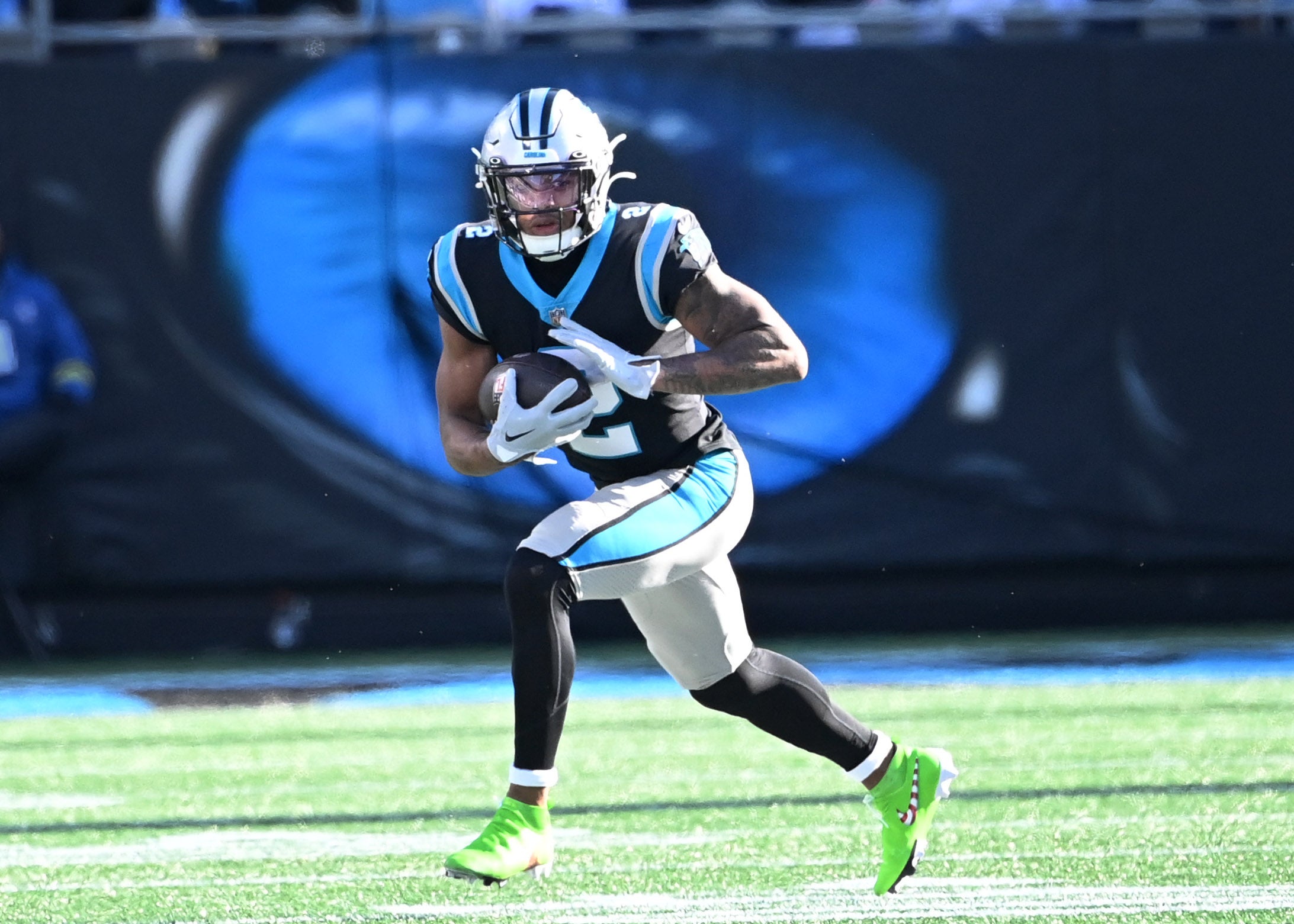 Dec 24, 2022; Charlotte, North Carolina, USA; Carolina Panthers wide receiver DJ Moore (2) with the ball in the third quarter at Bank of America Stadium. Mandatory Credit: Bob Donnan-USA TODAY Sports