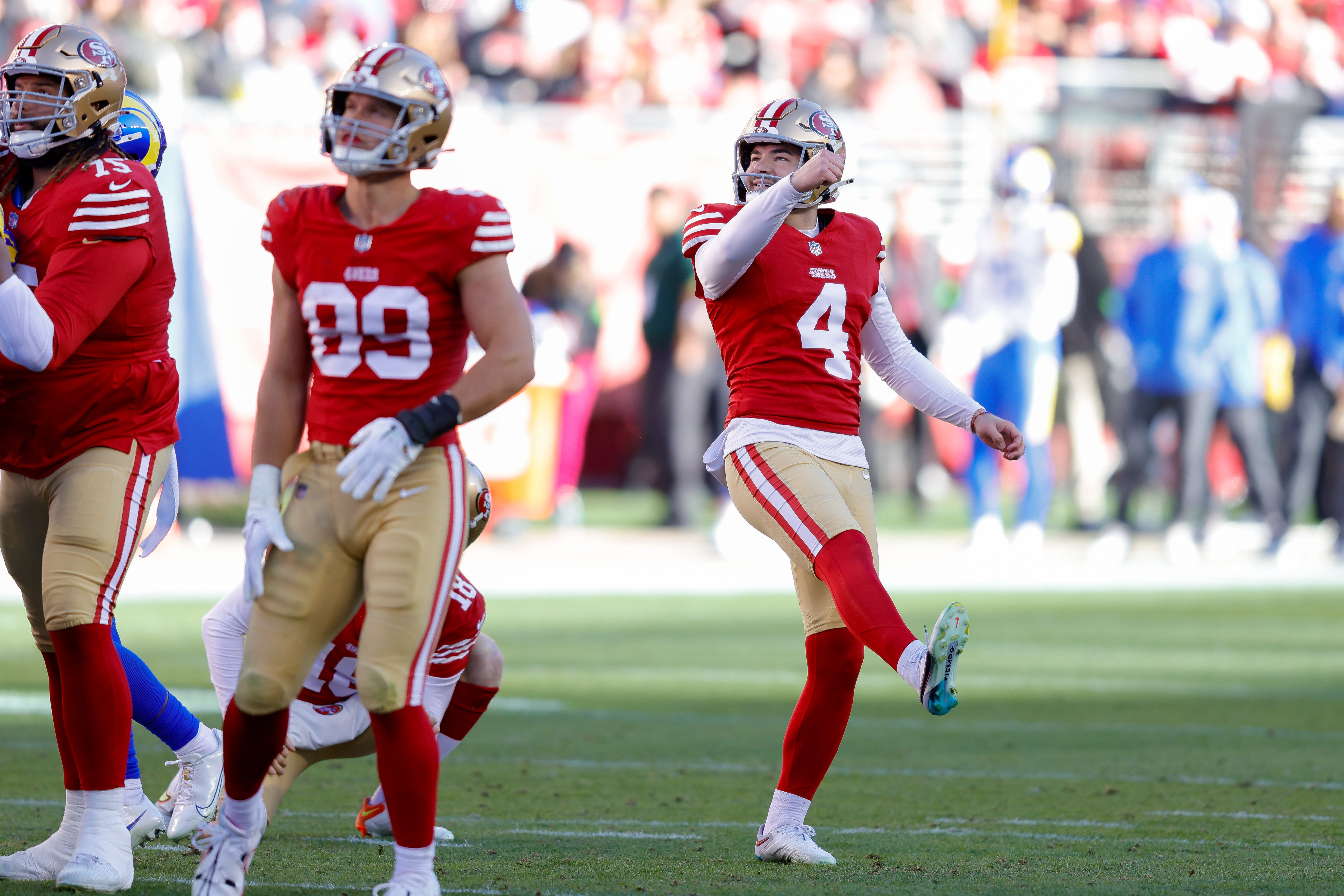 Jan 7, 2024; Santa Clara, California, USA; San Francisco 49ers place kicker Jake Moody (4) misses a field goal during the second quarter against the Los Angeles Rams at Levi's Stadium.