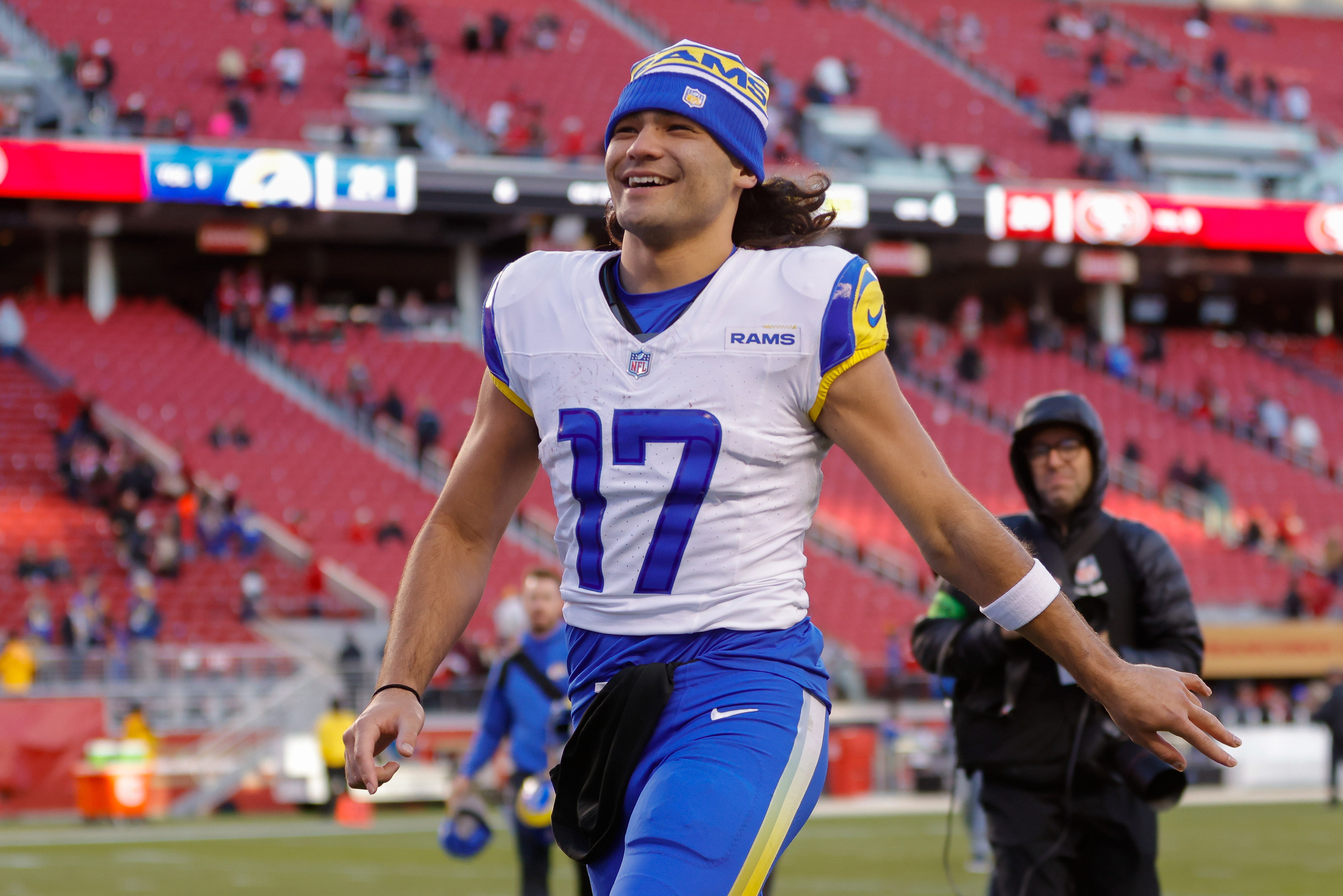 Jan 7, 2024; Santa Clara, California, USA; Los Angeles Rams wide receiver Puka Nacua (17) after the game against the San Francisco 49ers at Levi's Stadium. Mandatory Credit: Sergio Estrada-USA TODAY Sports
