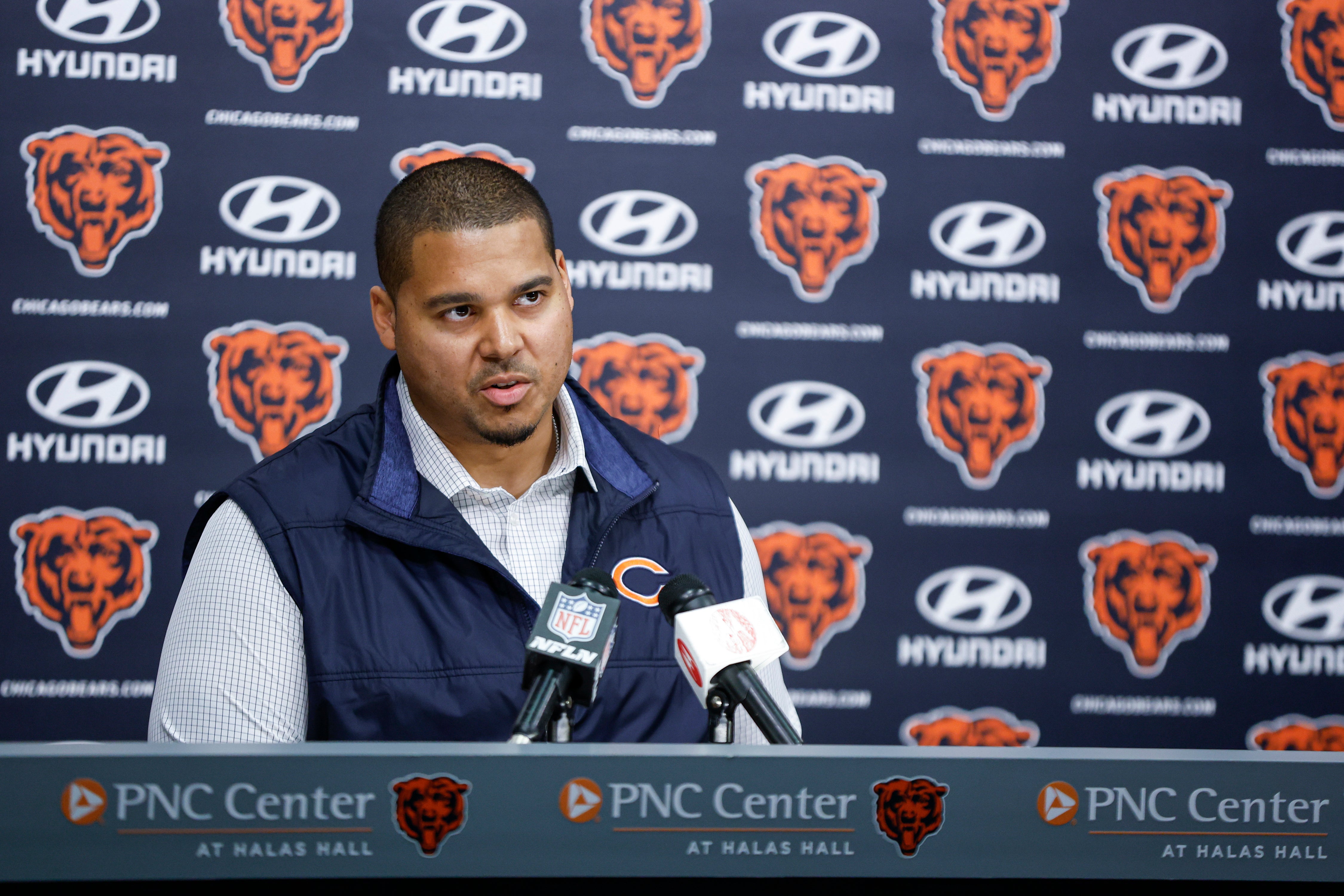 Mar 16, 2023; Lake Forest, IL, USA; Chicago Bears general manager Ryan Poles speaks during a press conference at Halas Hall.