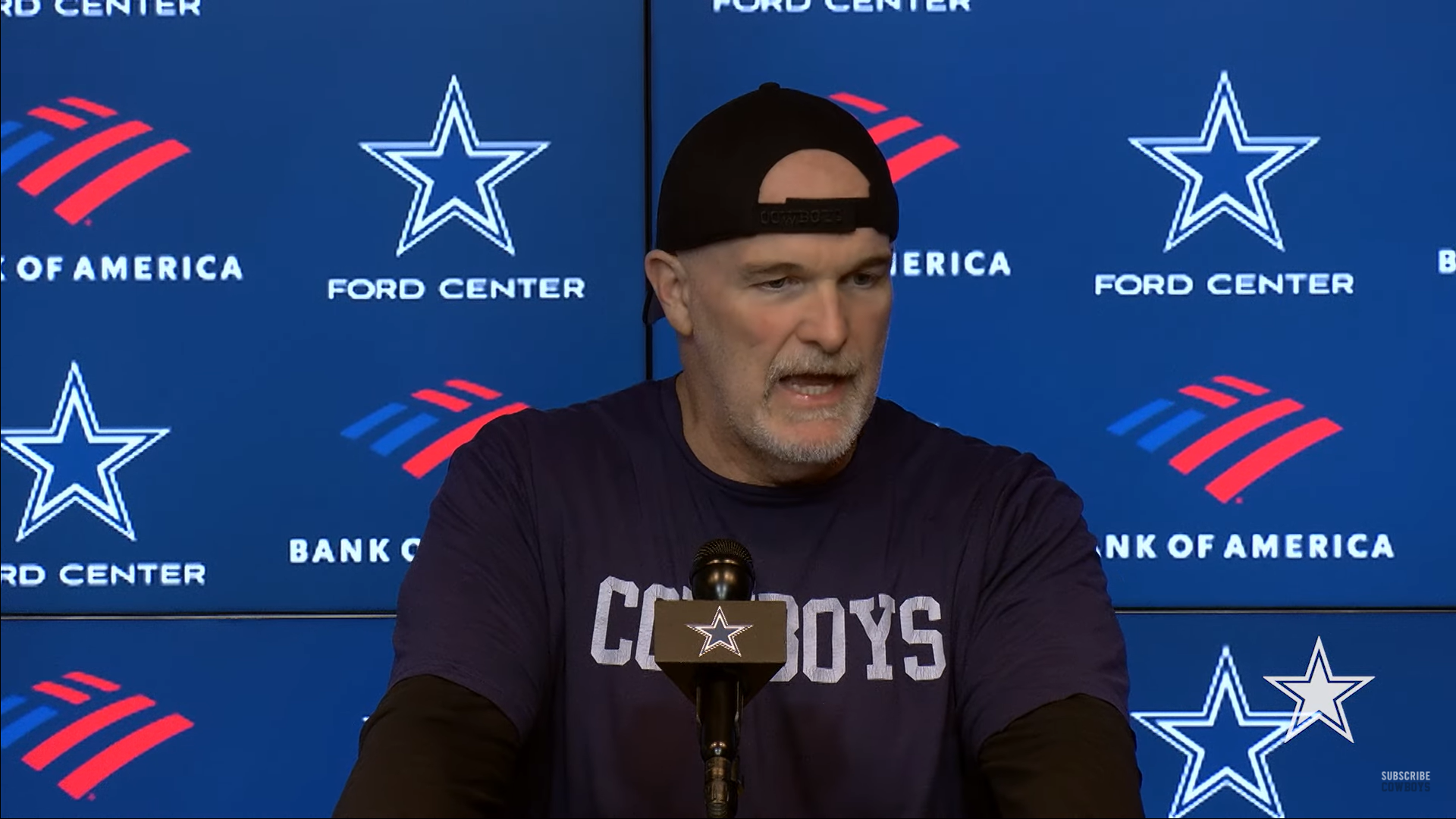 Dallas Cowboys defensive coordinator Dan Quinn talks to reporters ahead of playoff game vs. Green Bay Packers and Jordan Love.