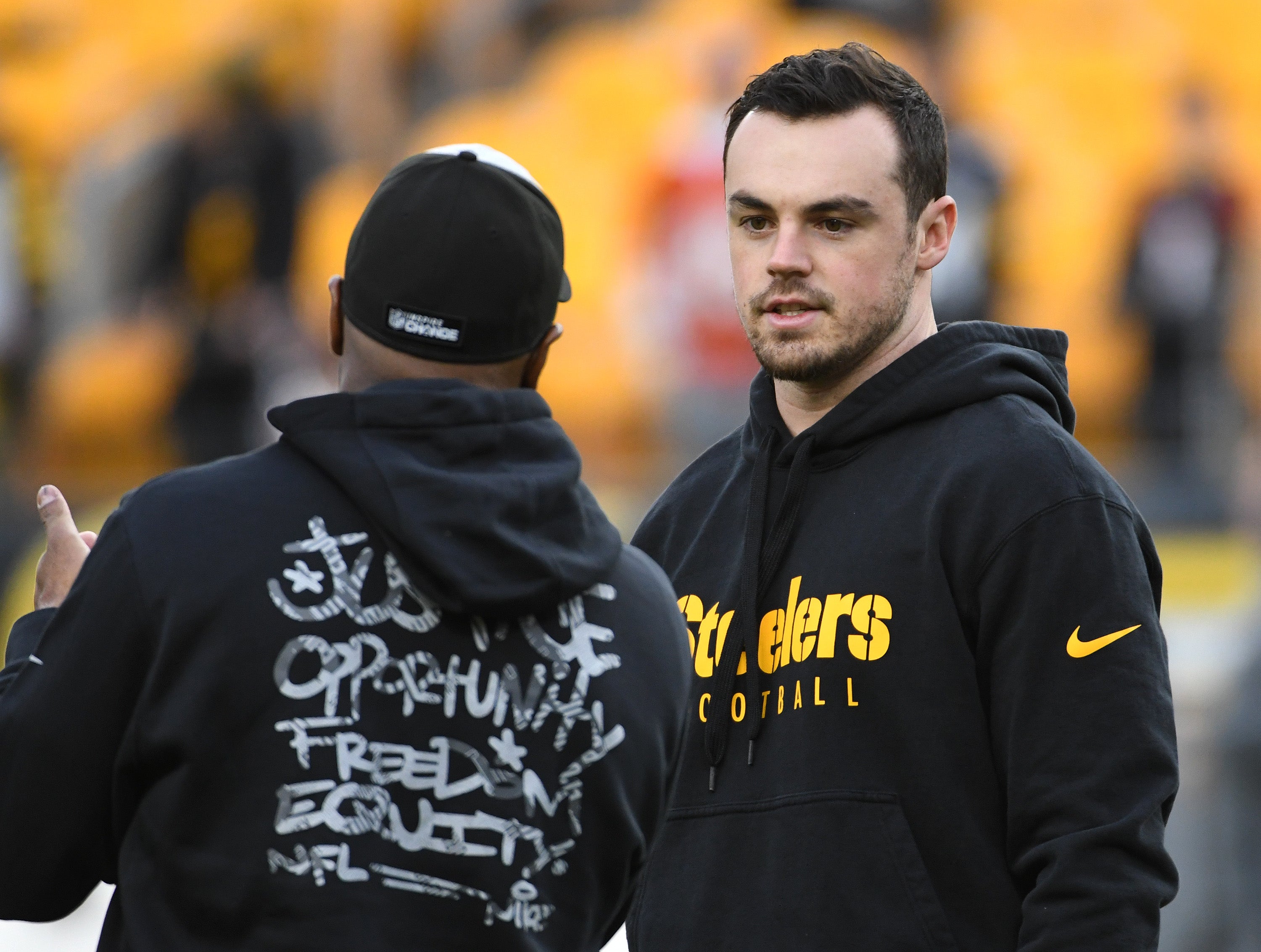 Dec 23, 2023; Pittsburgh, Pennsylvania, USA; Pittsburgh Steelers practice squad quarterback Trace McSorley (4) before. Game against the Cincinnati Bengals at Acrisure Stadium. Mandatory Credit: Philip G. Pavely-USA TODAY Sports