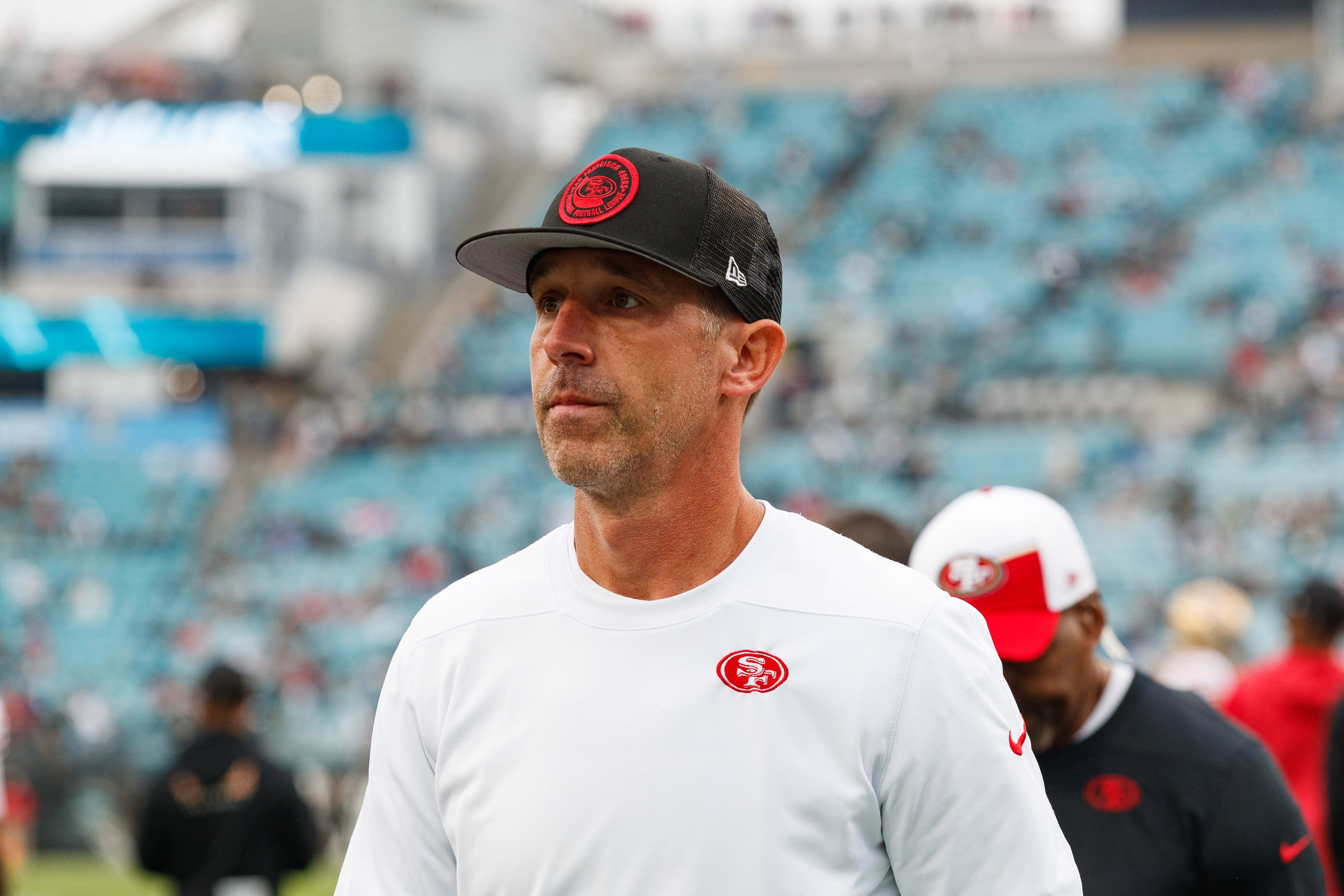 Nov 12, 2023; Jacksonville, Florida, USA; San Francisco 49ers head coach Kyle Shanahan during the warm ups before the game against the Jacksonville Jaguars at EverBank Stadium.