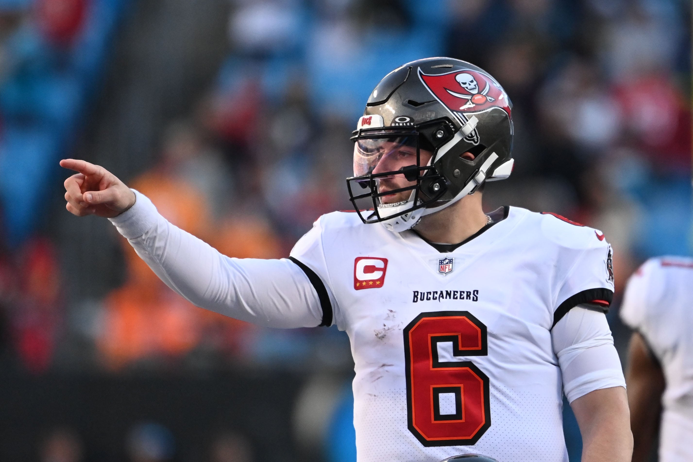 Jan 7, 2024; Charlotte, North Carolina, USA; Tampa Bay Buccaneers quarterback Baker Mayfield (6) on the field in the fourth quarter at Bank of America Stadium. Mandatory Credit: Bob Donnan-USA TODAY Sports