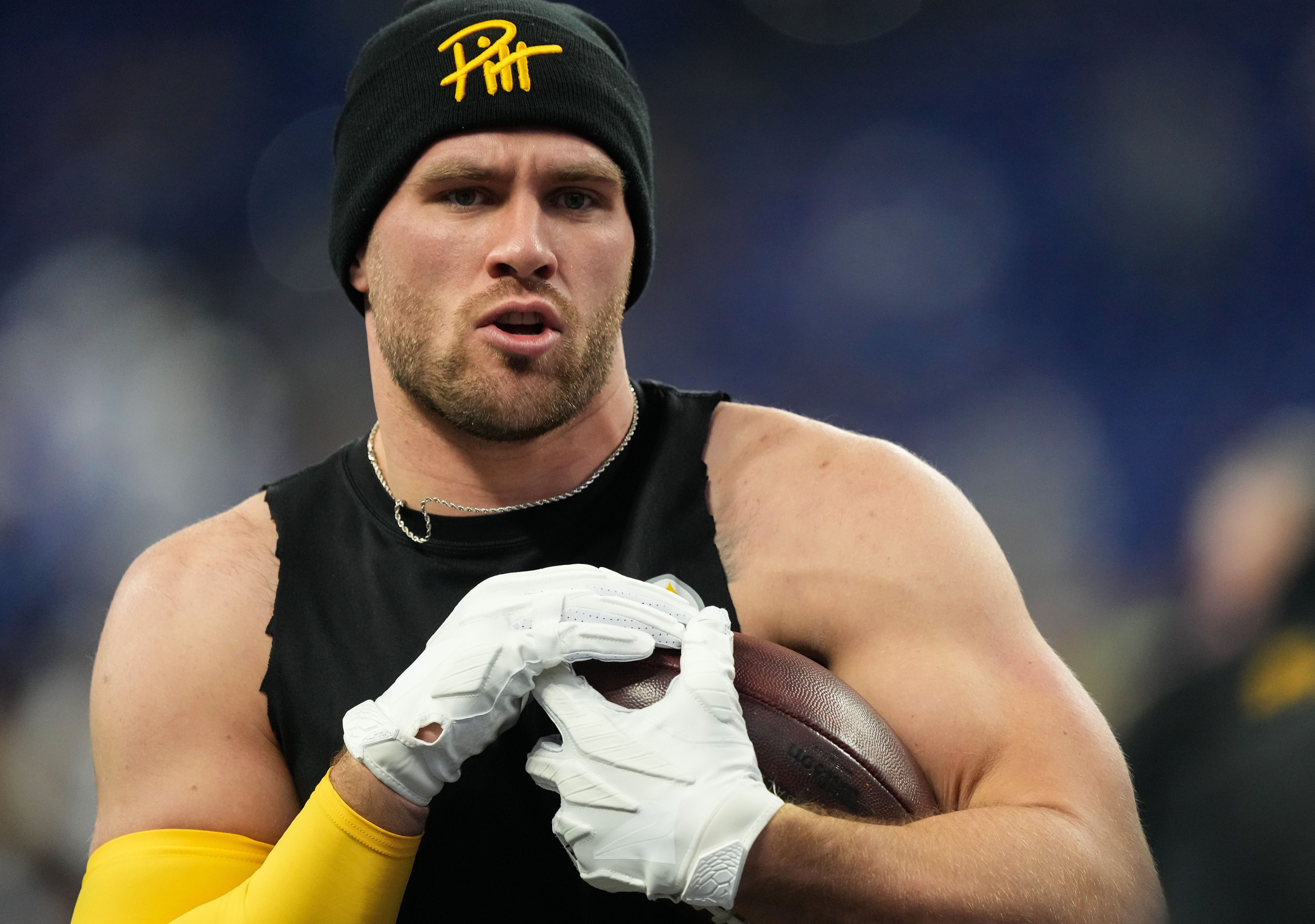 Pittsburgh Steelers linebacker T.J. Watt (90) rushes up the field during warm-up Saturday, Dec. 16, 2023, ahead of the game at Lucas Oil Stadium in Indianapolis.  