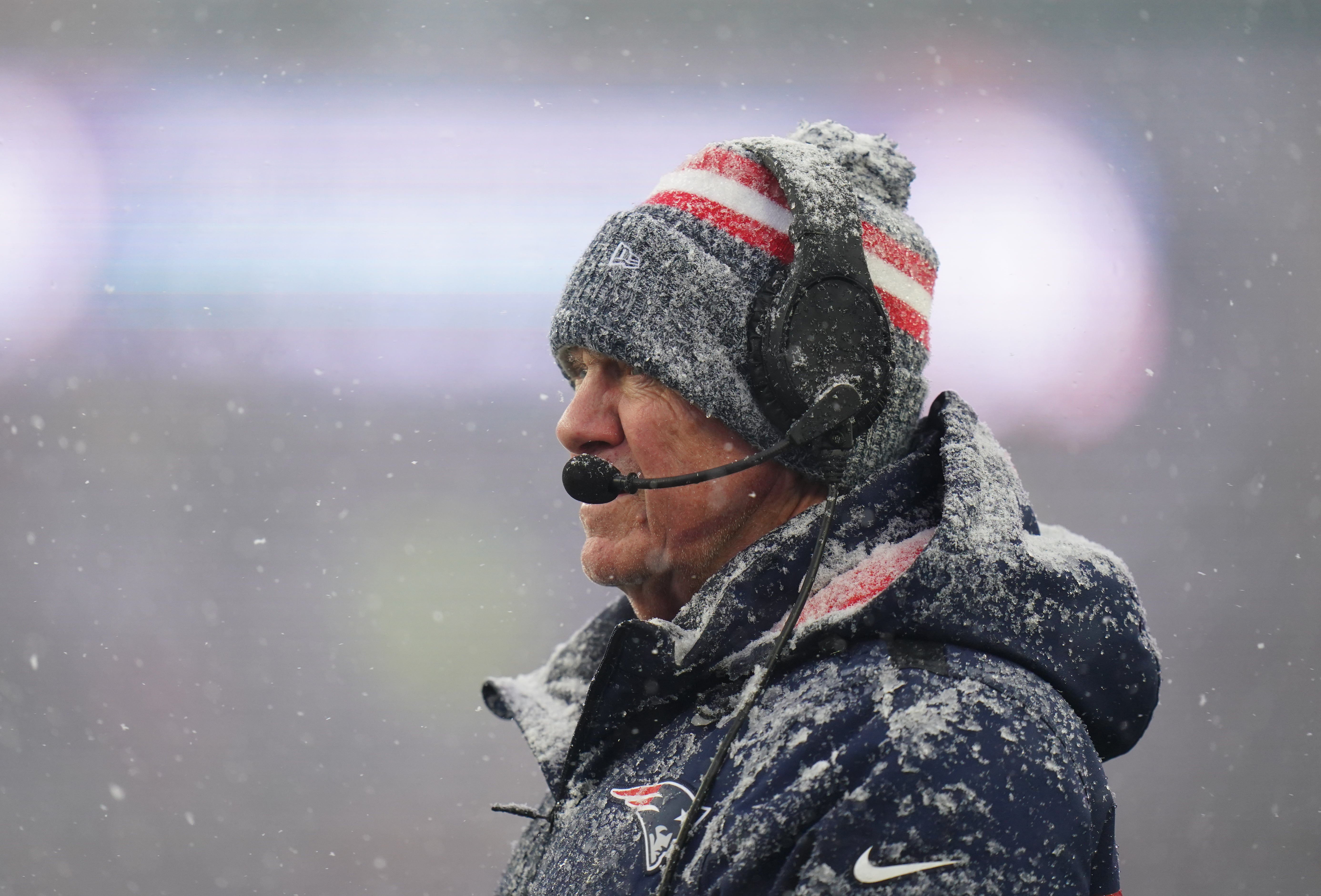 Jan 7, 2024; Foxborough, Massachusetts, USA; New England Patriots head coach Bill Belichick watches from the sideline as they take on the New York Jets at Gillette Stadium.