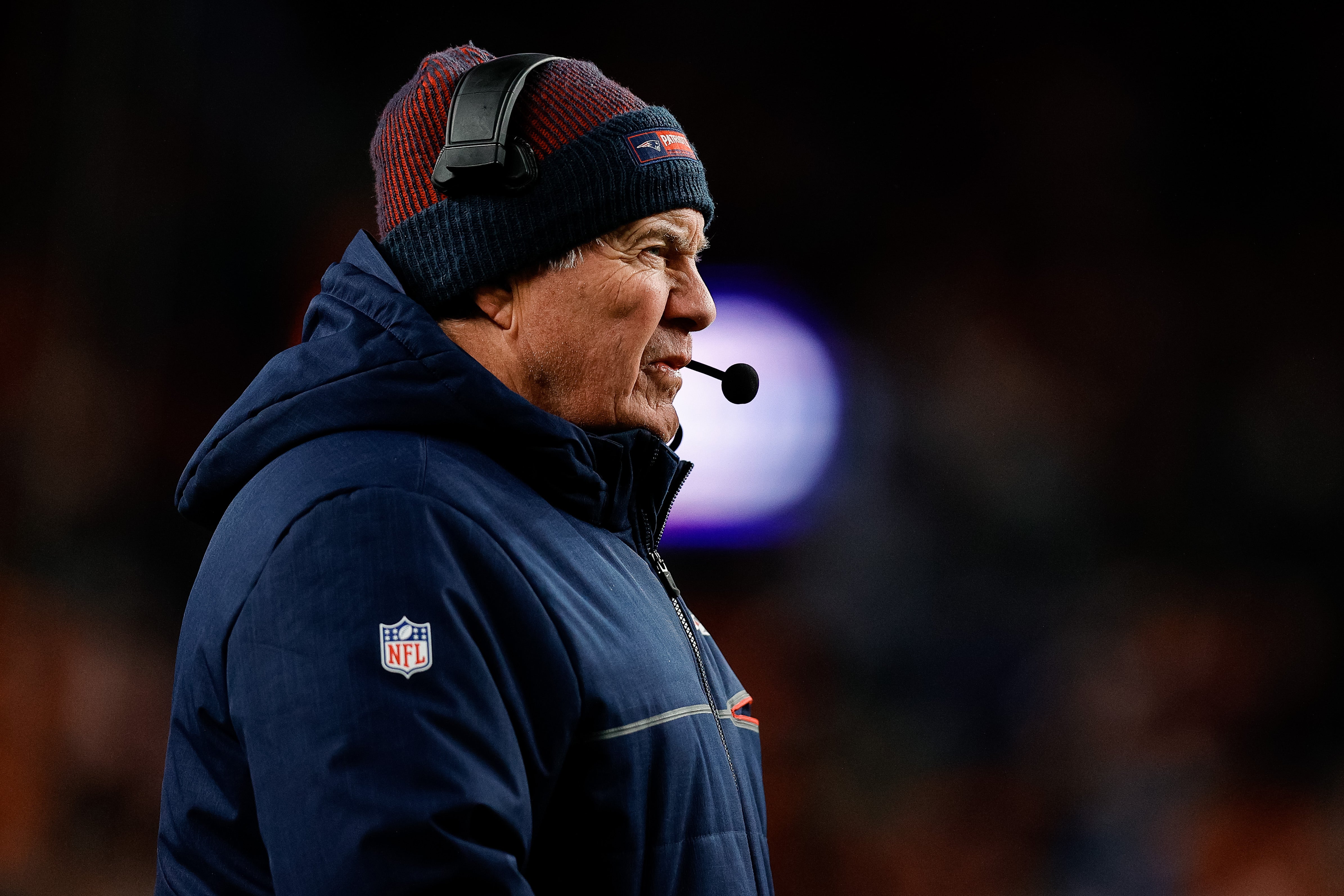 Dec 24, 2023; Denver, Colorado, USA; New England Patriots head coach Bill Belichick in the second quarter against the Denver Broncos at Empower Field at Mile High.