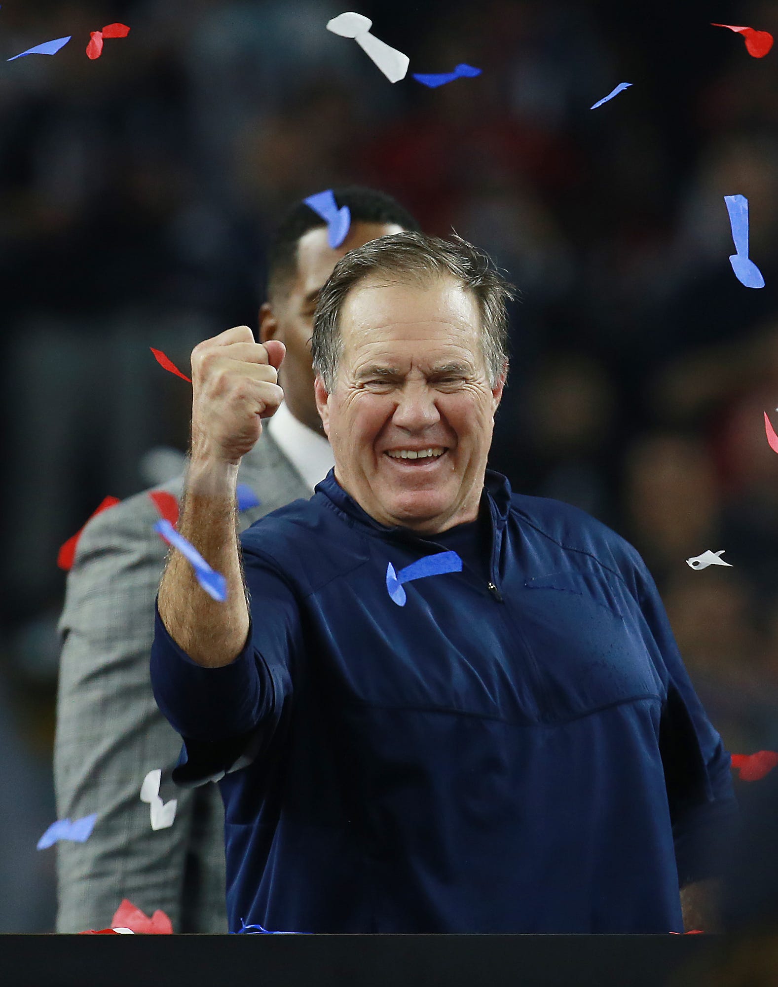 Bill Belichick celebrates after Super Bowl LI where the New England Patriots vs The Atlanta Falcon at NRG Stadium, Houston.