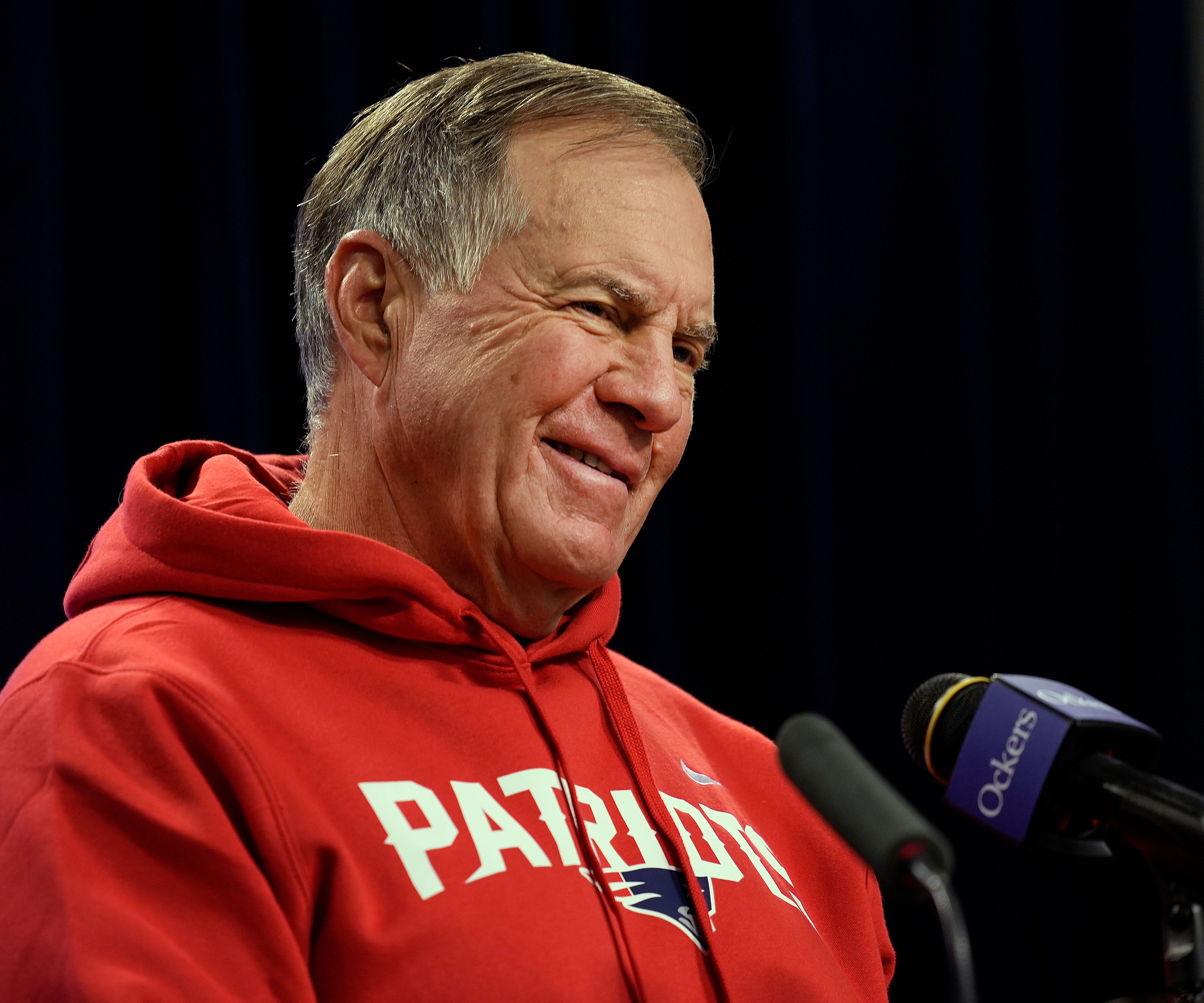 2022: Patriot head coach Bill Belichick smiles during questions at a press conference before a New England Patriots practice at Gillette Stadium in preparation for their home opener vs the Baltimore Ravens.