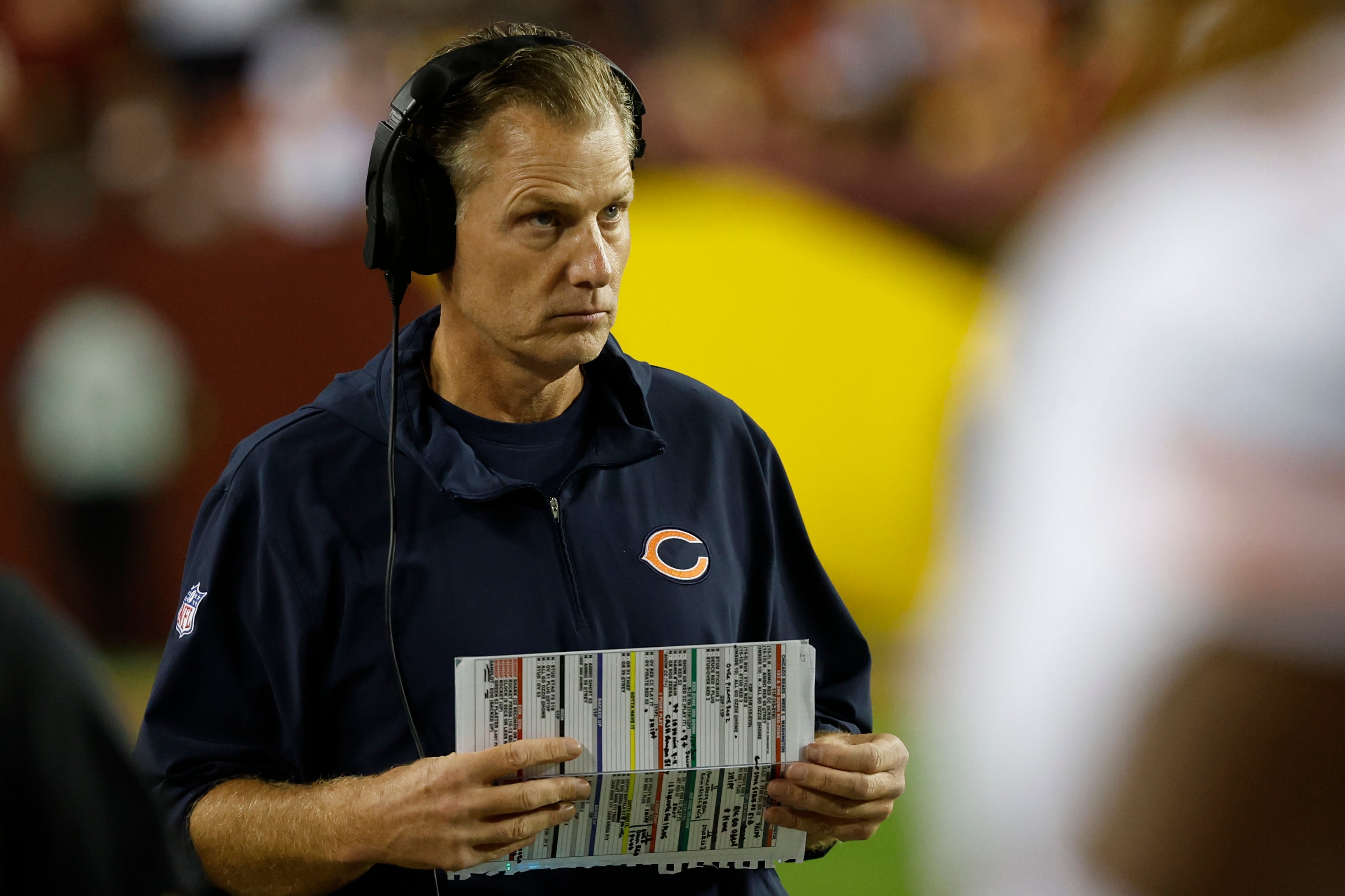 Oct 5, 2023; Landover, Maryland, USA; Chicago Bears head coach Matt Eberflus stands on the sidelines against the Washington Commanders during the first quarter at FedExField.