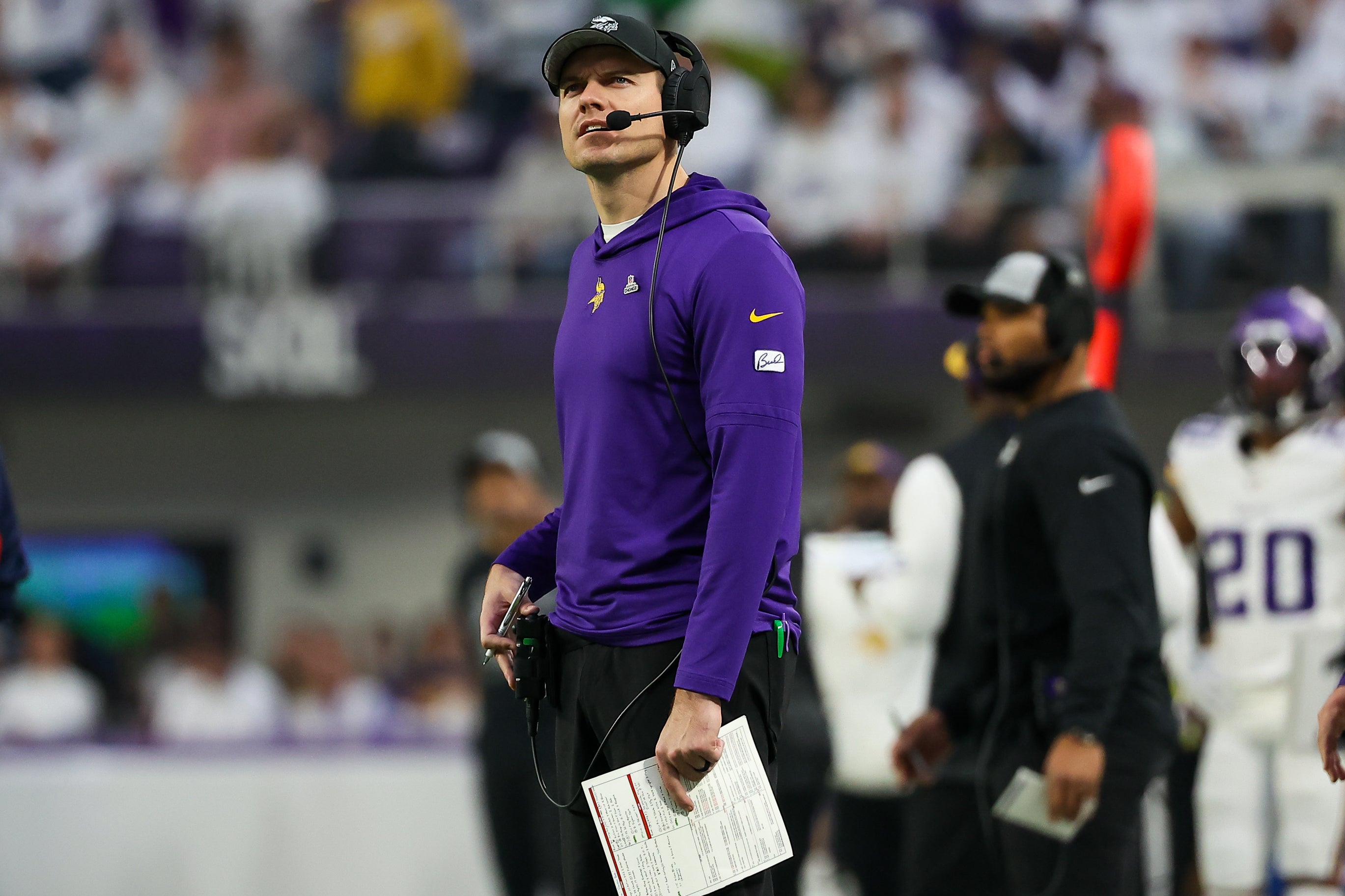 Dec 24, 2023; Minneapolis, Minnesota, USA; Minnesota Vikings head coach Kevin O'Connell looks on during the second quarter against the Detroit Lions at U.S. Bank Stadium. Mandatory Credit: Matt Krohn-USA TODAY Sports