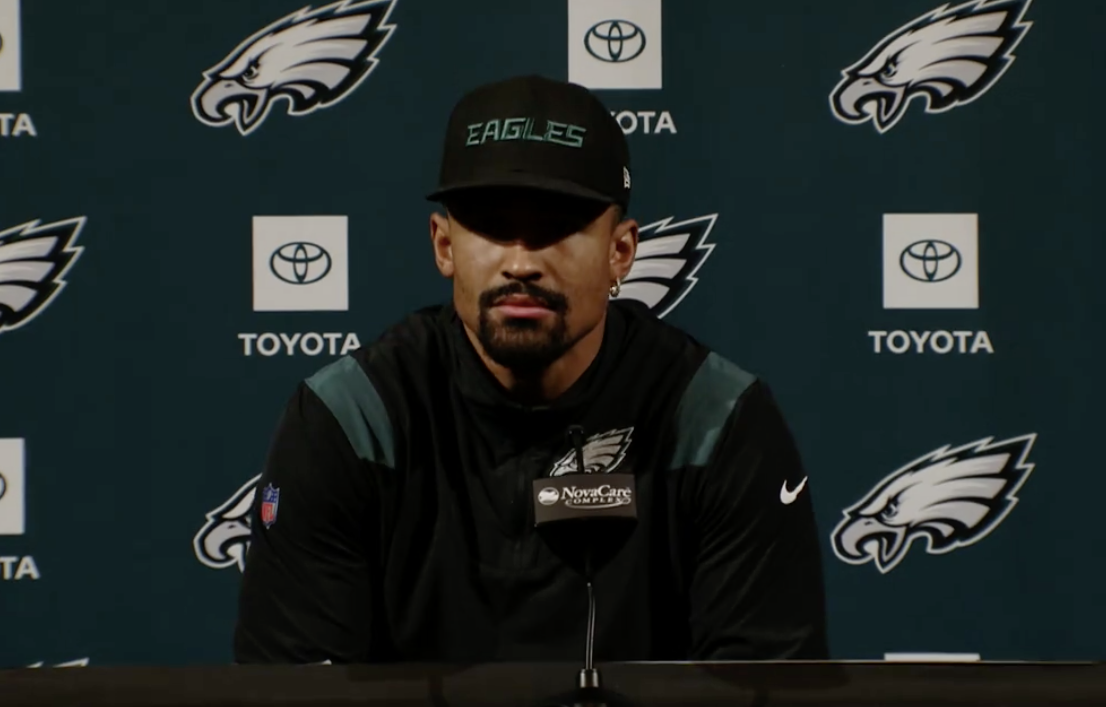 Eagles quarterback Jalen Hurts addresses media ahead of Wild Card matchup vs. Tampa Bay Buccaneers.