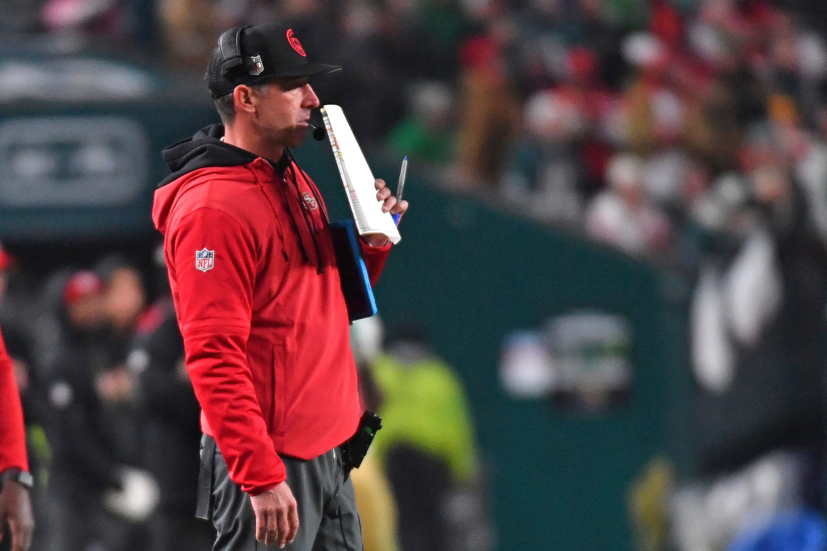 Dec 3, 2023; Philadelphia, Pennsylvania, USA; San Francisco 49ers head coach Kyle Shanahan on the sidelines against the Philadelphia Eagles during the third quarter at Lincoln Financial Field.