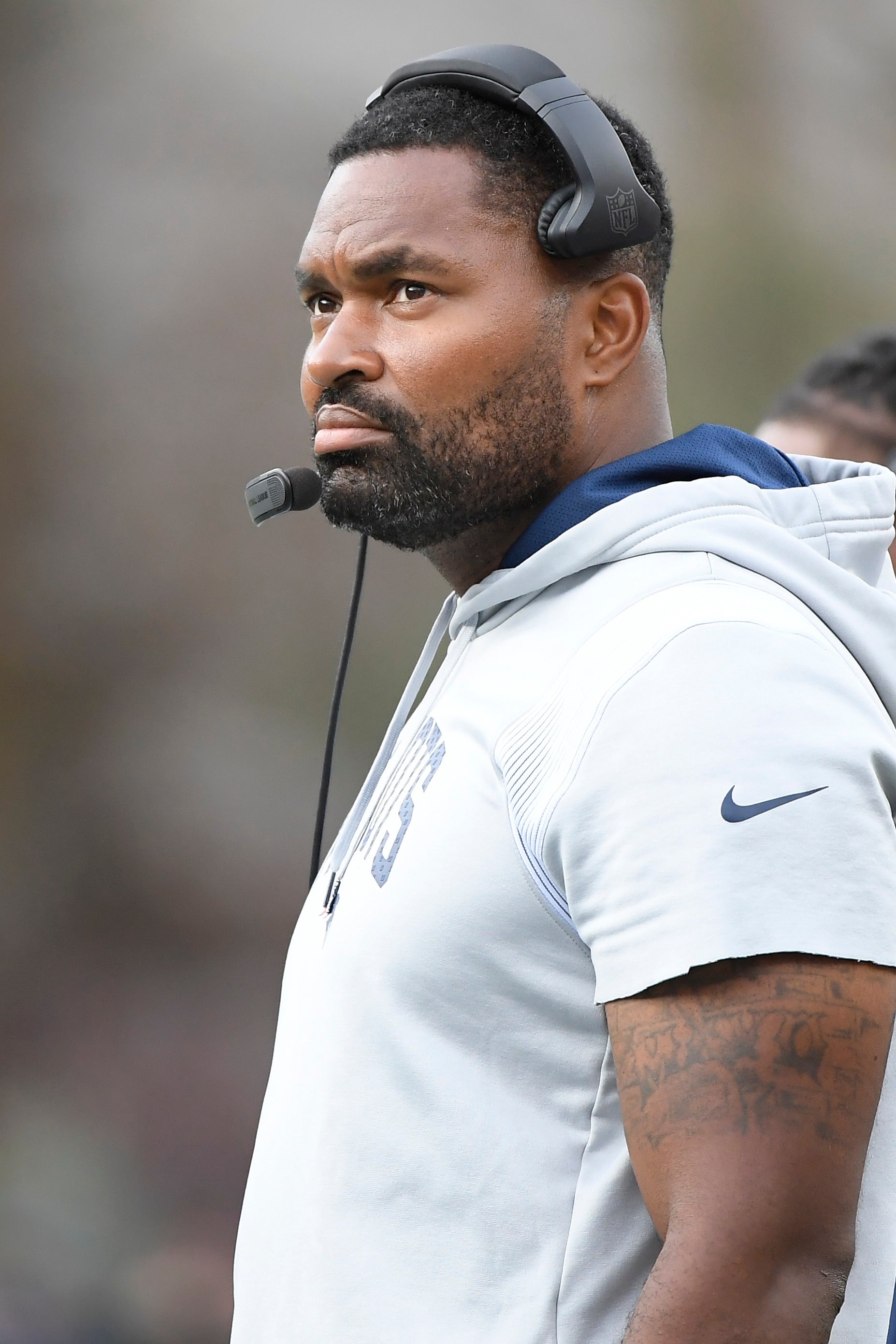 New England Patriots linebackers coach Jerod Mayo during the second half against the Indianapolis Colts at Gillette Stadium
