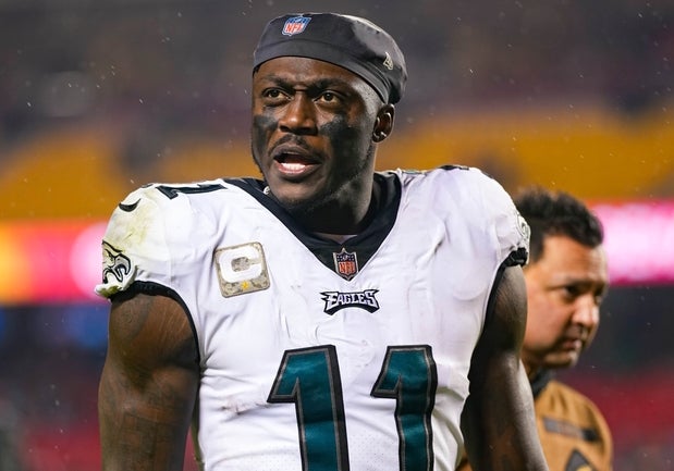 Philadelphia Eagles wide receiver A.J. Brown (11) leaves the field after defeating the Kansas City Chiefs at GEHA Field at Arrowhead Stadium.