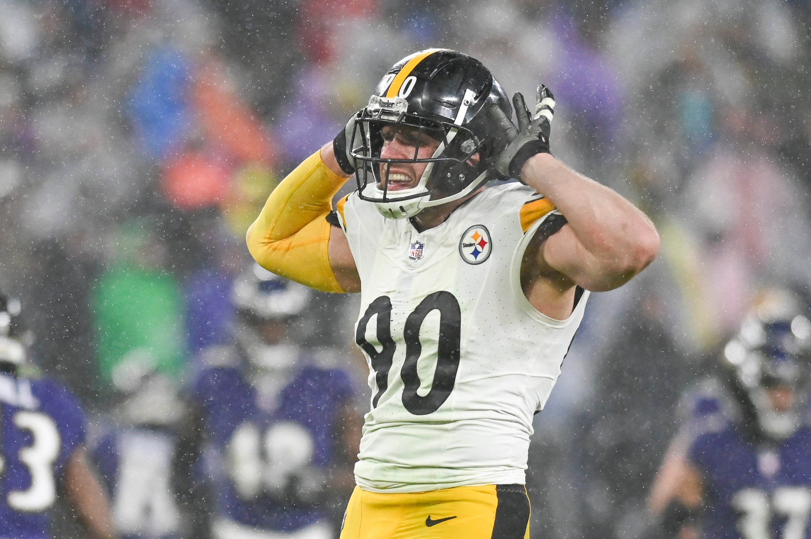 Jan 6, 2024; Baltimore, Maryland, USA; Pittsburgh Steelers linebacker T.J. Watt (90) reacts after sacking Baltimore Ravens quarterback Tyler Huntley (2) in the third quarter at M&T Bank Stadium. Mandatory Credit: Tommy Gilligan-USA TODAY Sports  