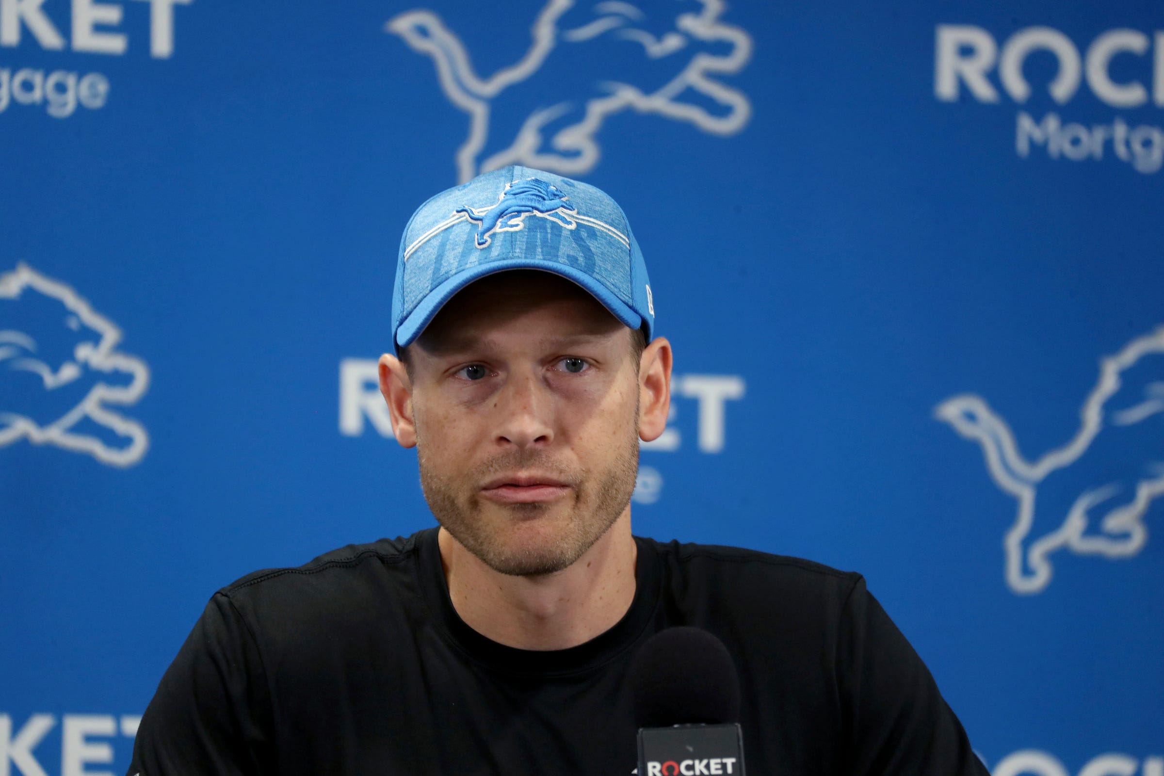 Detroit Lions offensive coordinator Ben Johnson talks with reporters before training camp on Wednesday, July 26, 2023, in Allen Park.