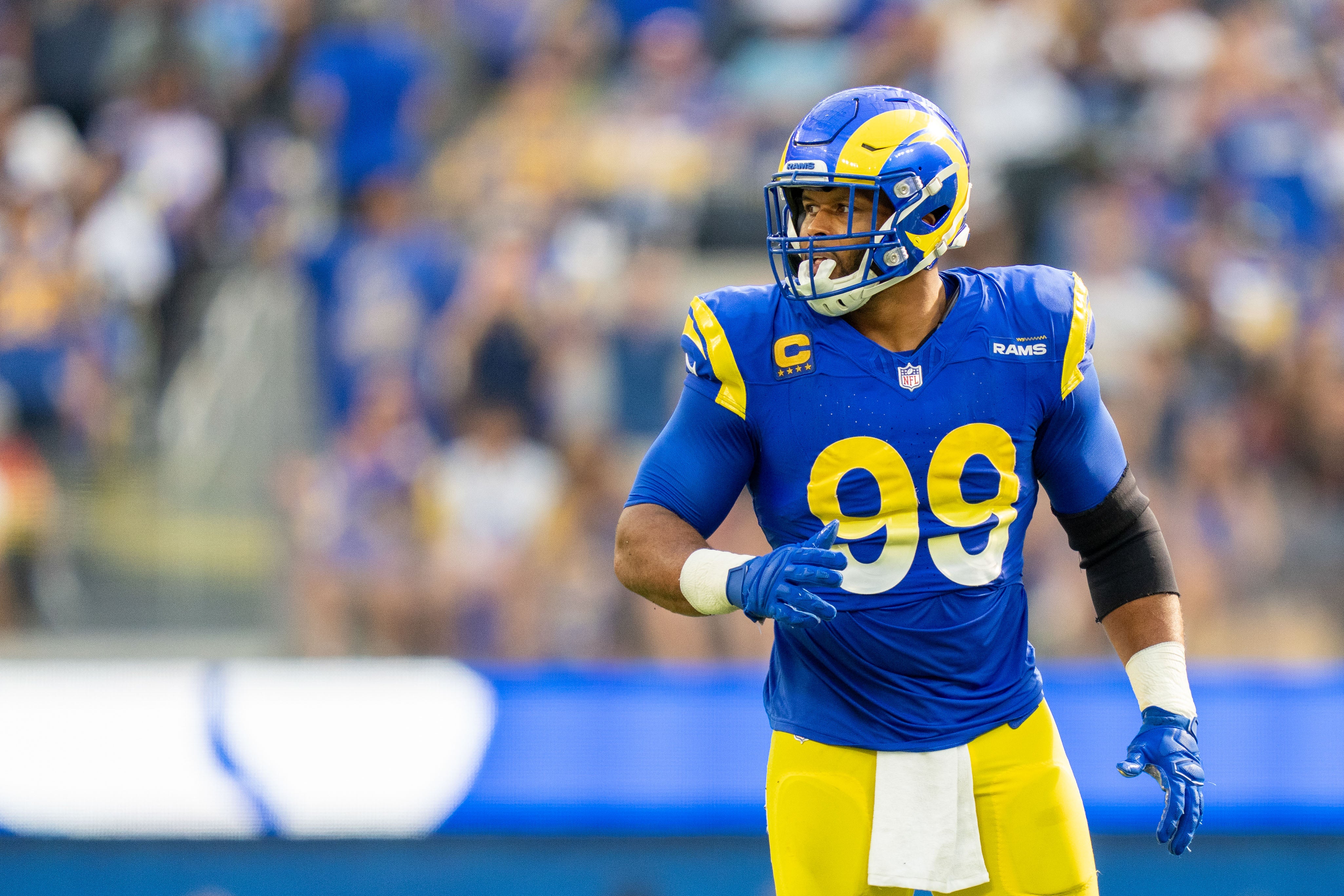 October 15, 2023; Inglewood, California, USA; Los Angeles Rams defensive tackle Aaron Donald (99) during the third quarter against the Arizona Cardinals at SoFi Stadium. Mandatory Credit: Kyle Terada-USA TODAY Sports