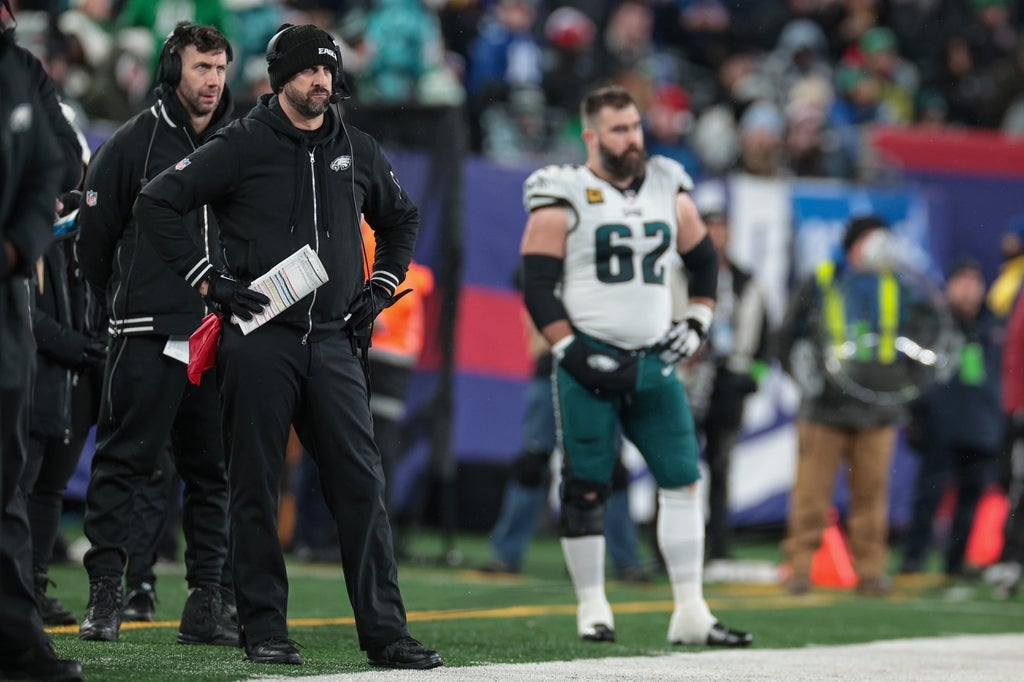 Philadelphia Eagles head coach Nick Sirianni looks on in front of center Jason Kelce (62) during the second half against the New York Giants at MetLife Stadium.
